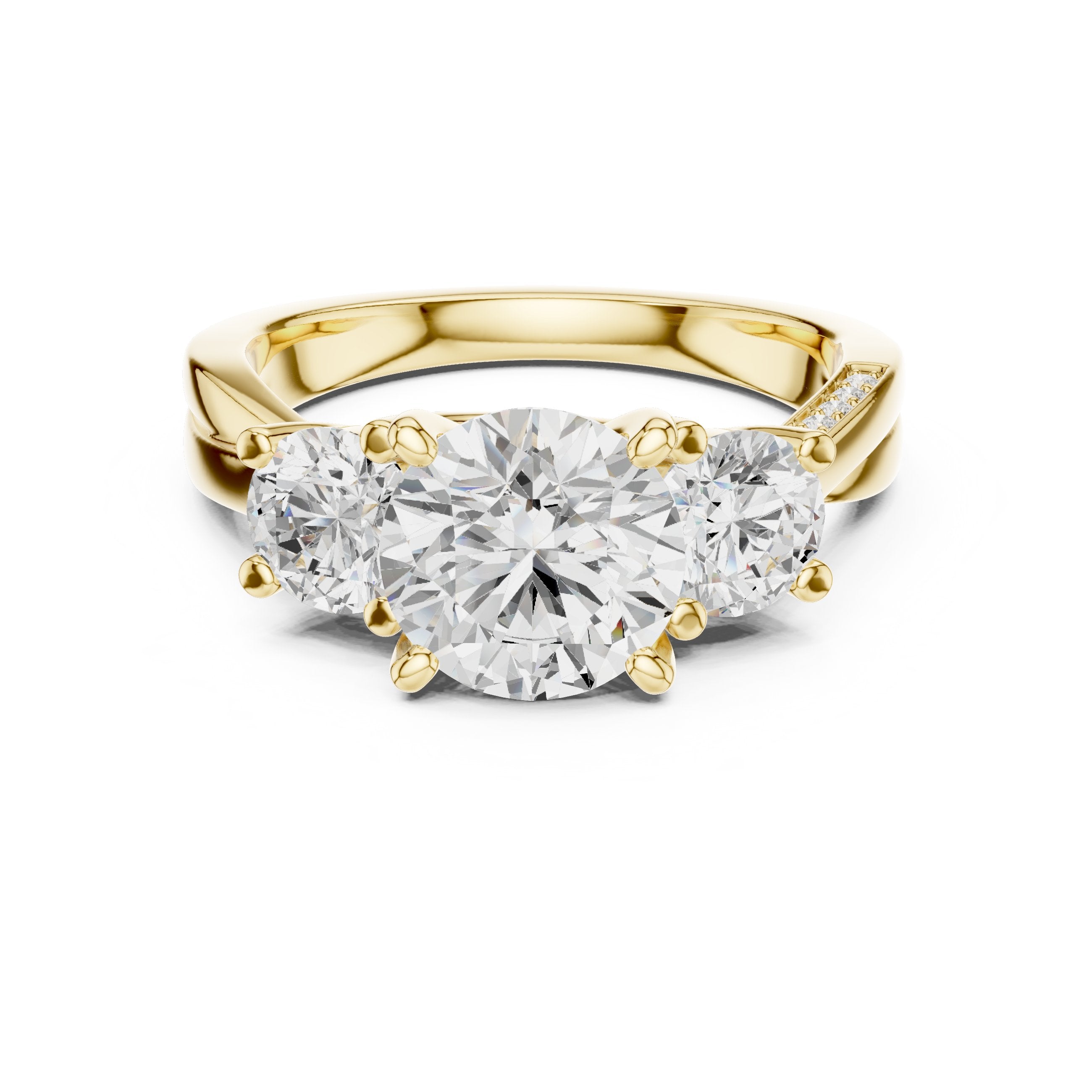 Round Diamond Three Stone Engagement Ring with Round Sides and Pavé Band in Yellow Gold - VYKA Diamonds
