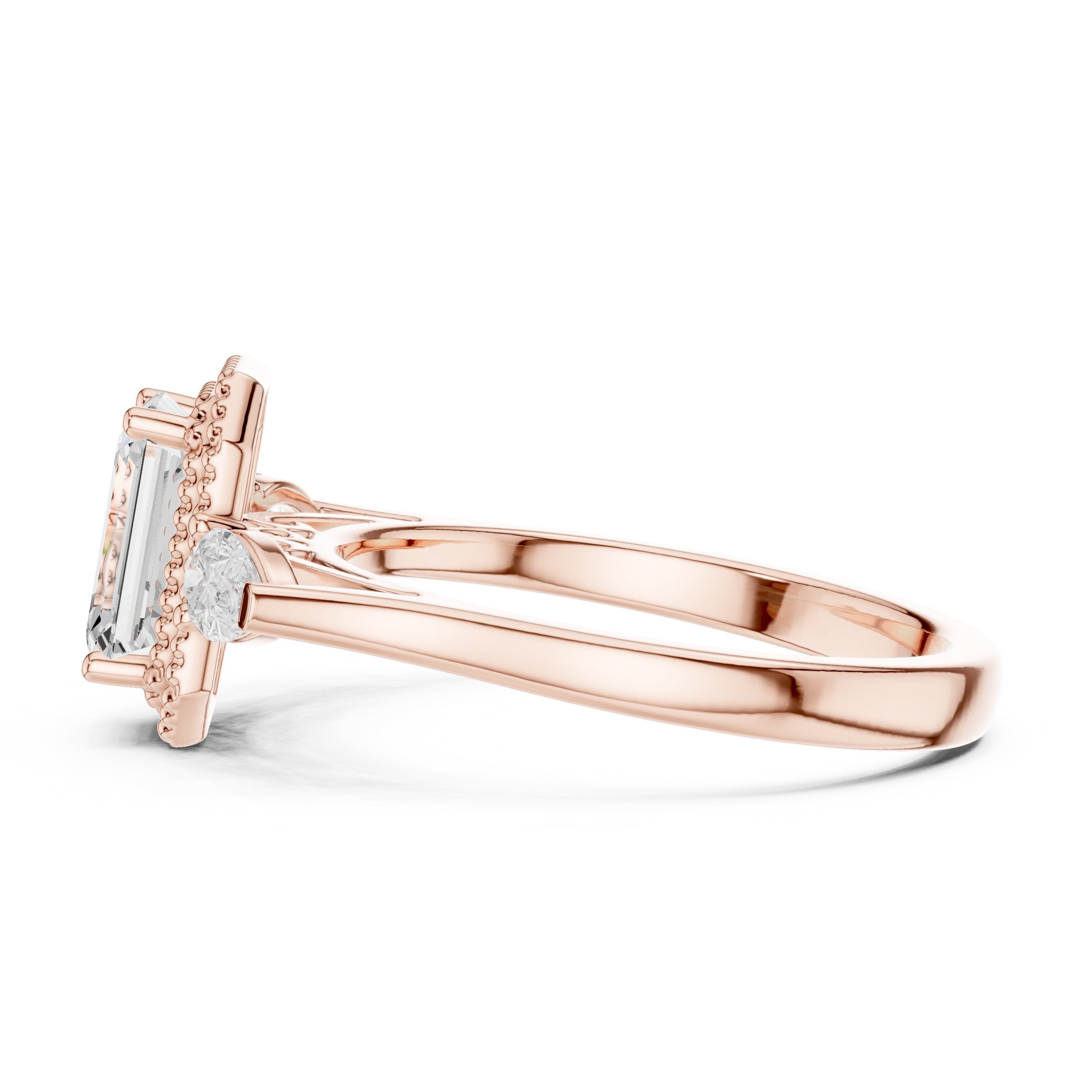 Emerald Cut Three Stone Halo Engagement Ring with Pear Sides in Rose Gold - VYKA Diamonds
