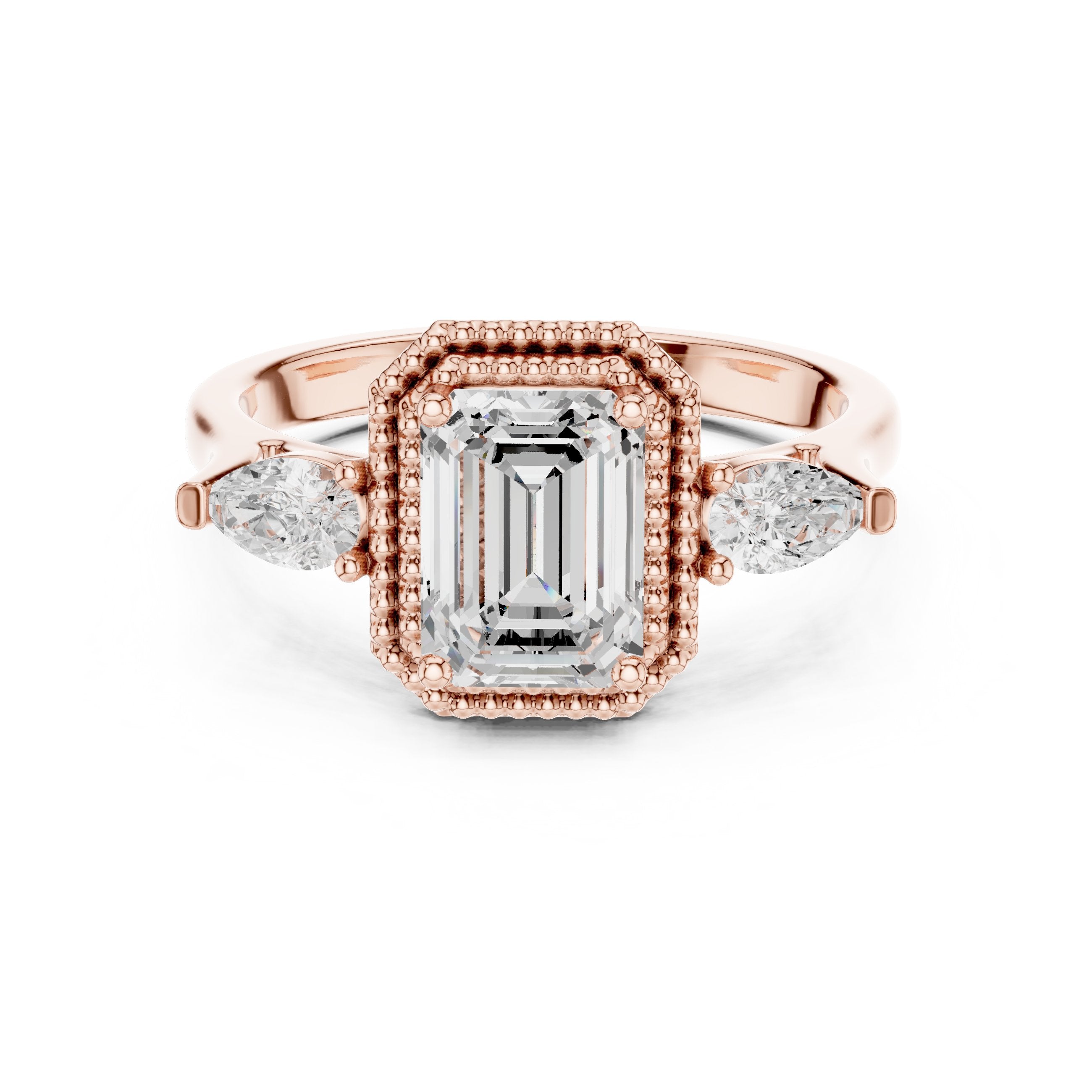 Emerald Cut Three Stone Halo Engagement Ring with Pear Sides in Rose Gold - VYKA Diamonds