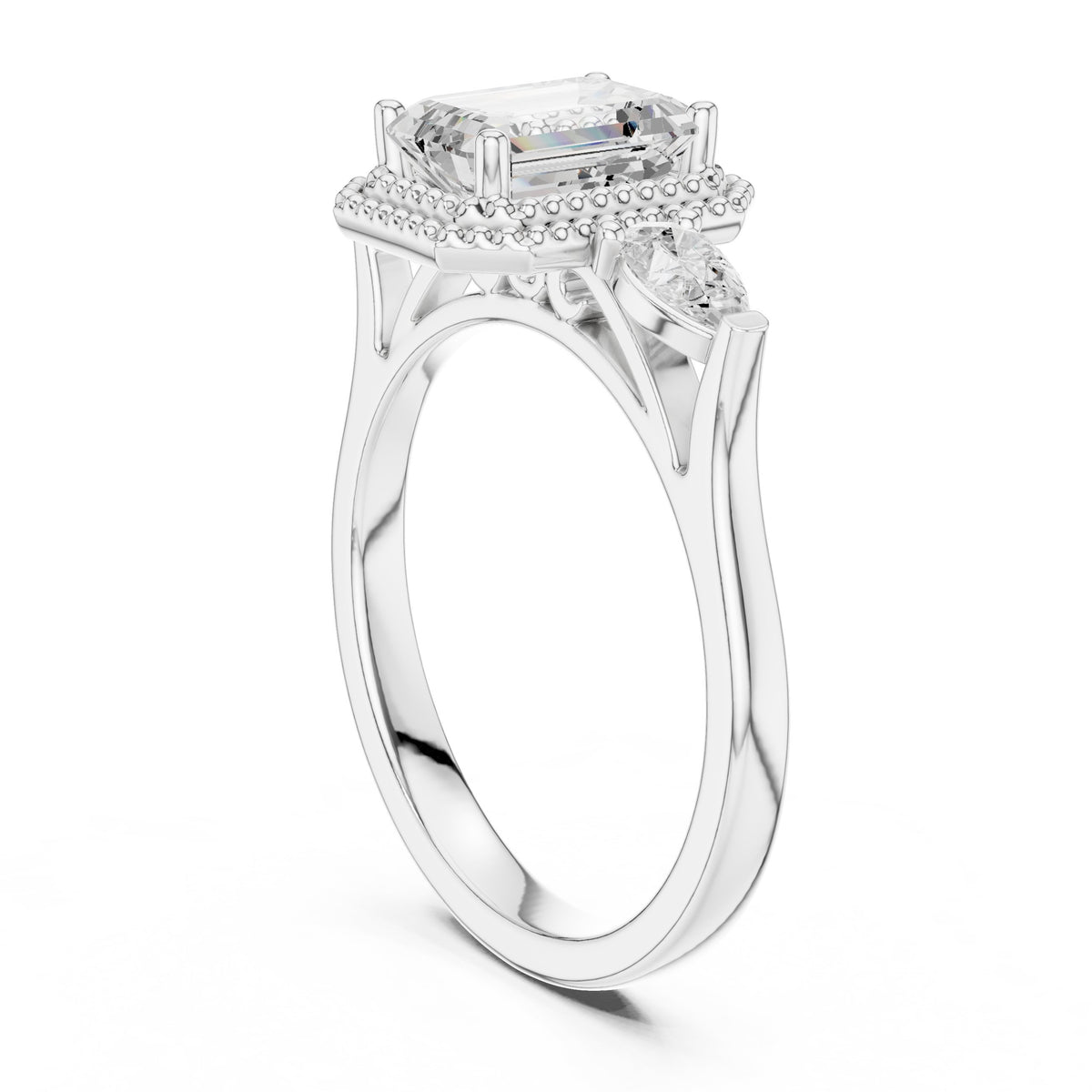 Emerald Cut Three Stone Halo Engagement Ring with Pear Sides
