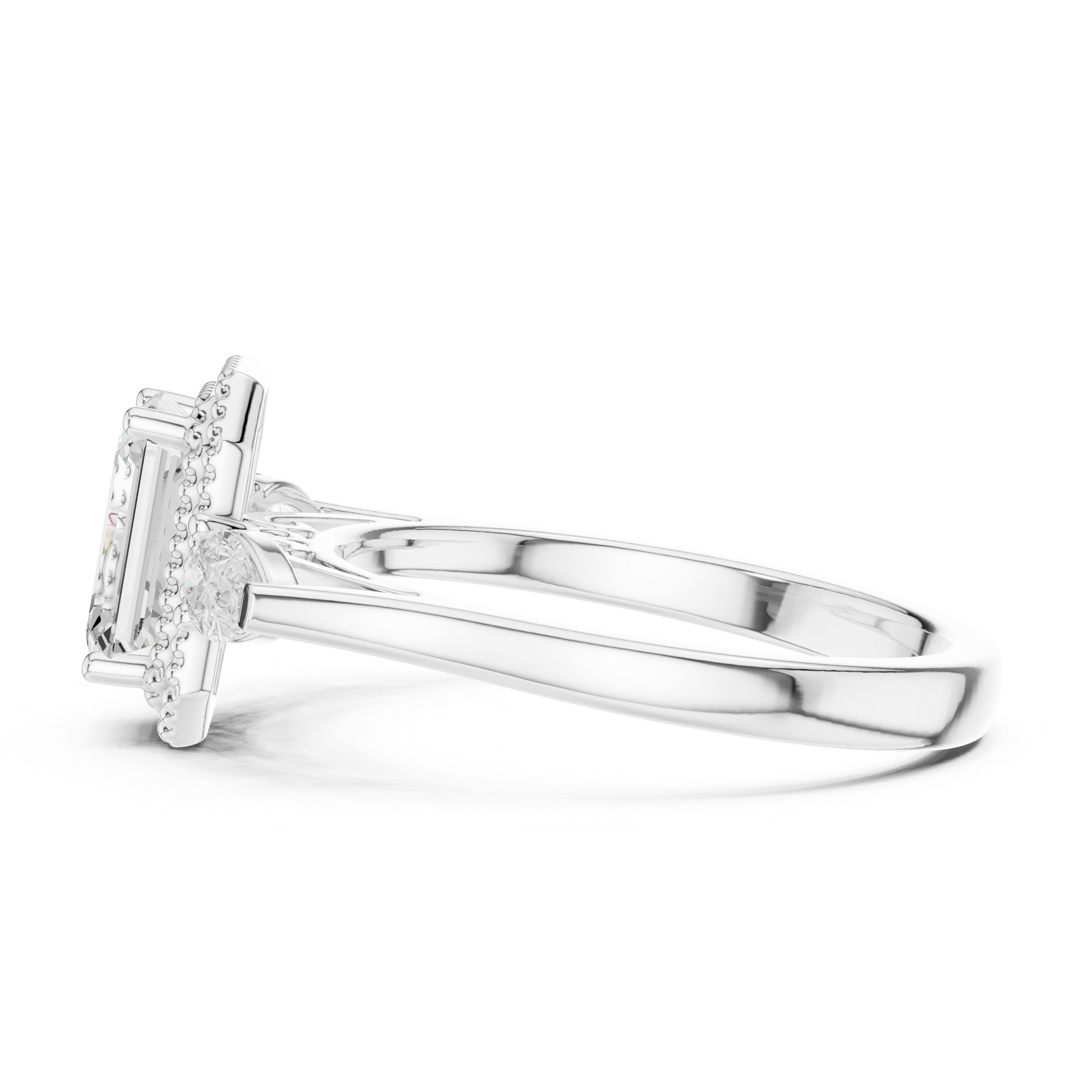 Emerald Cut Three Stone Halo Engagement Ring with Pear Sides in White Gold - VYKA Diamonds