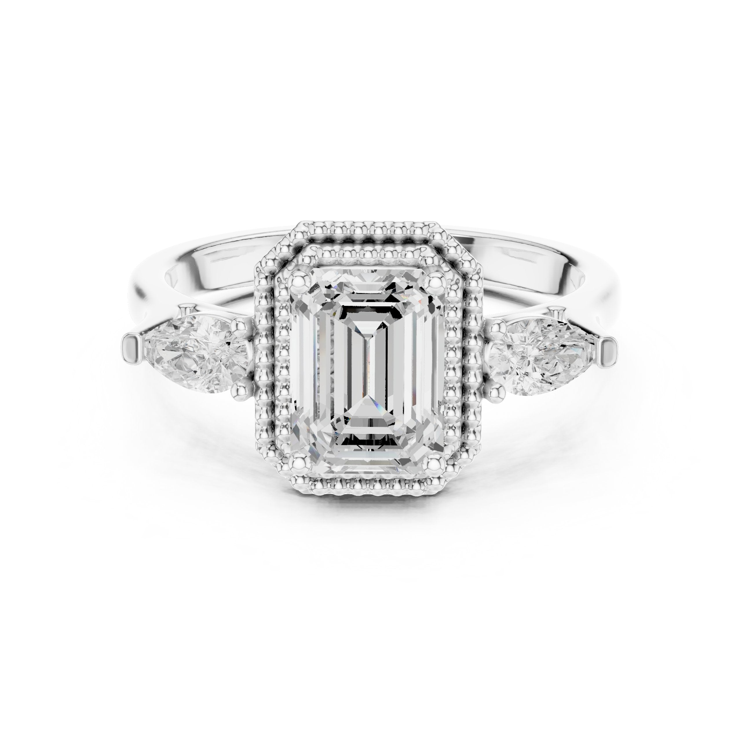 Emerald Cut Three Stone Halo Engagement Ring with Pear Sides in White Gold - VYKA Diamonds