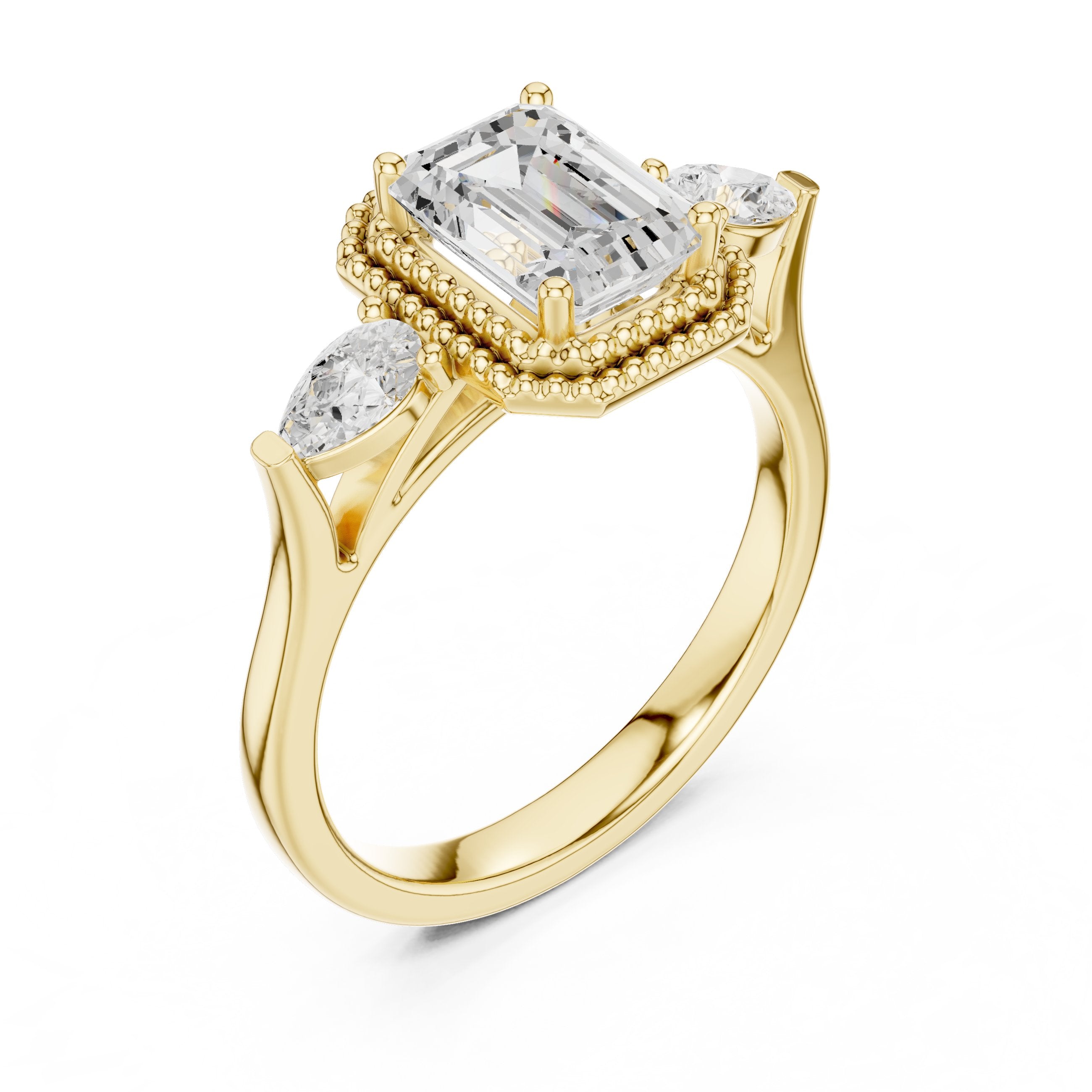 Emerald Cut Three Stone Halo Engagement Ring with Pear Sides in Yellow Gold - VYKA Diamonds