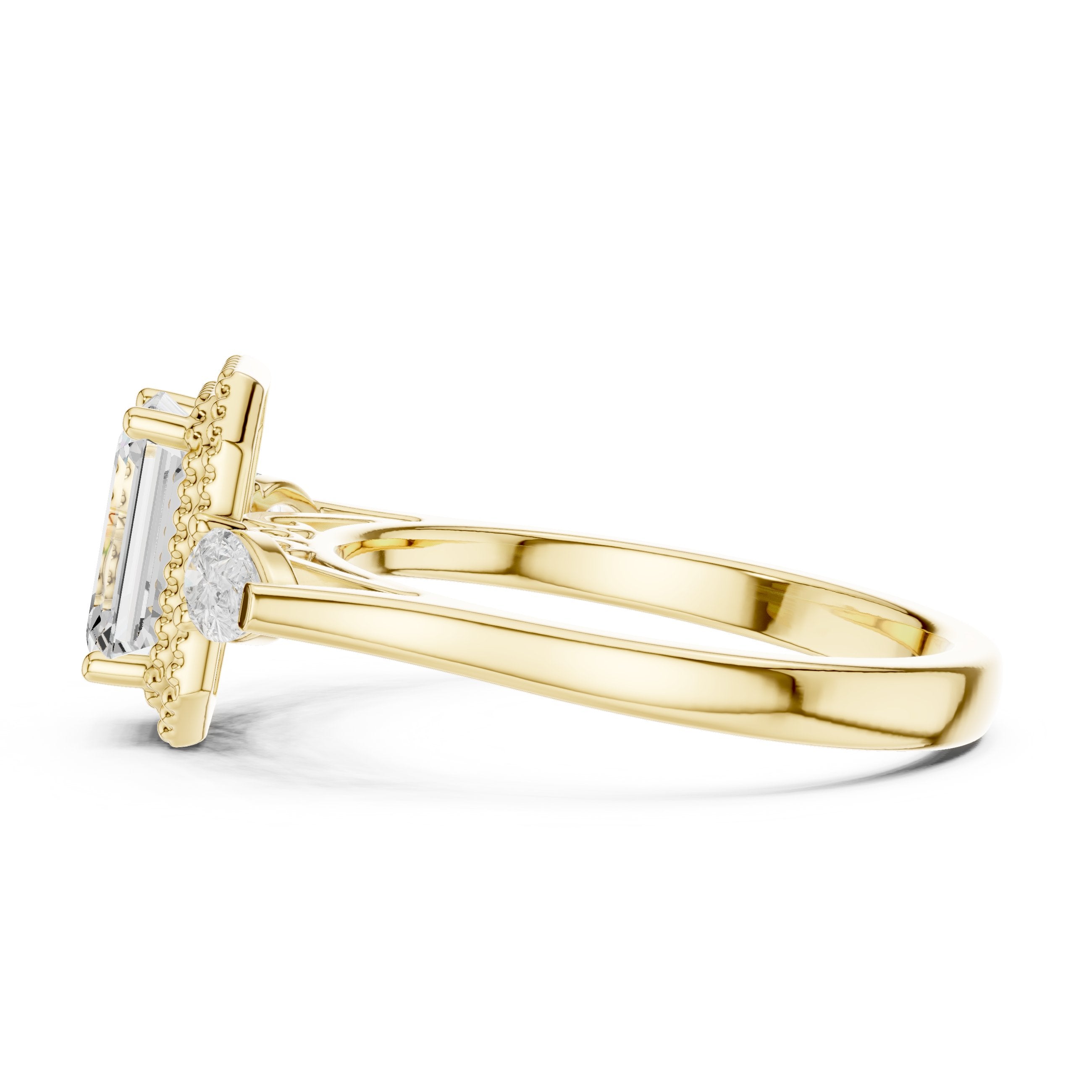 Emerald Cut Three Stone Halo Engagement Ring with Pear Sides in Yellow Gold - VYKA Diamonds