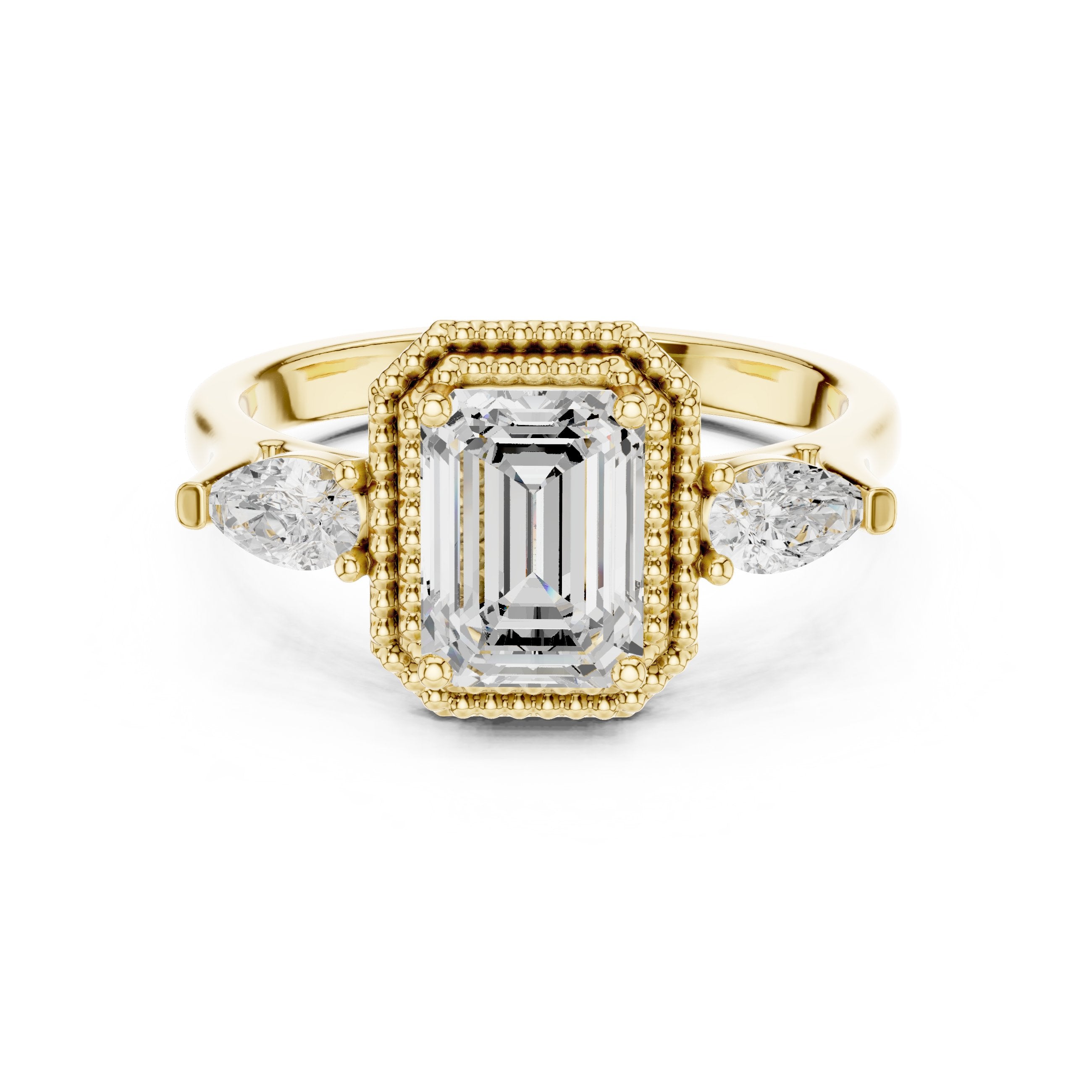 Emerald Cut Three Stone Halo Engagement Ring with Pear Sides in Yellow Gold - VYKA Diamonds