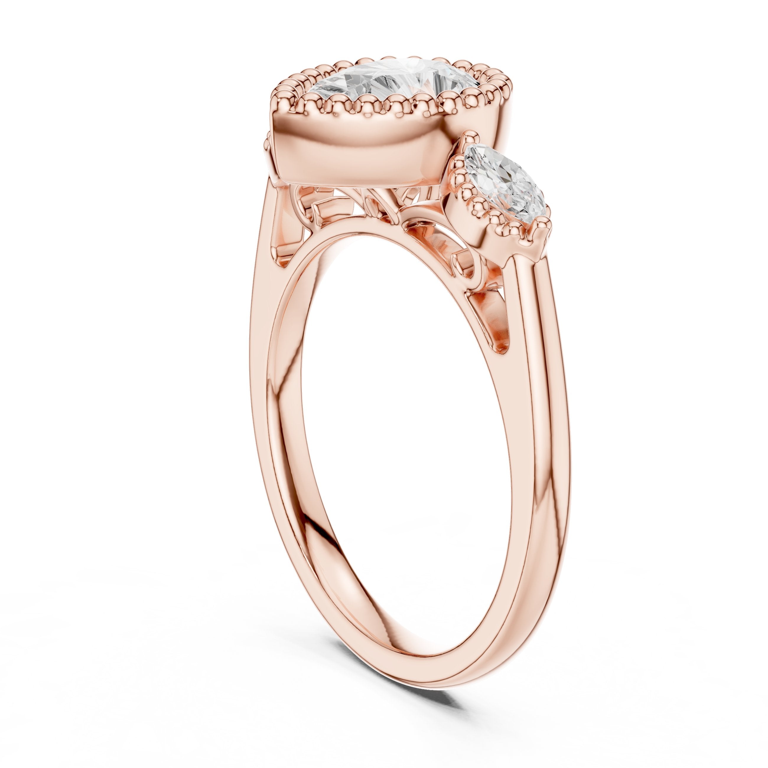 Pear Diamond Three Stone Engagement Ring with Marquise Sides and Milgrain Detail in Rose Gold - VYKA Diamonds