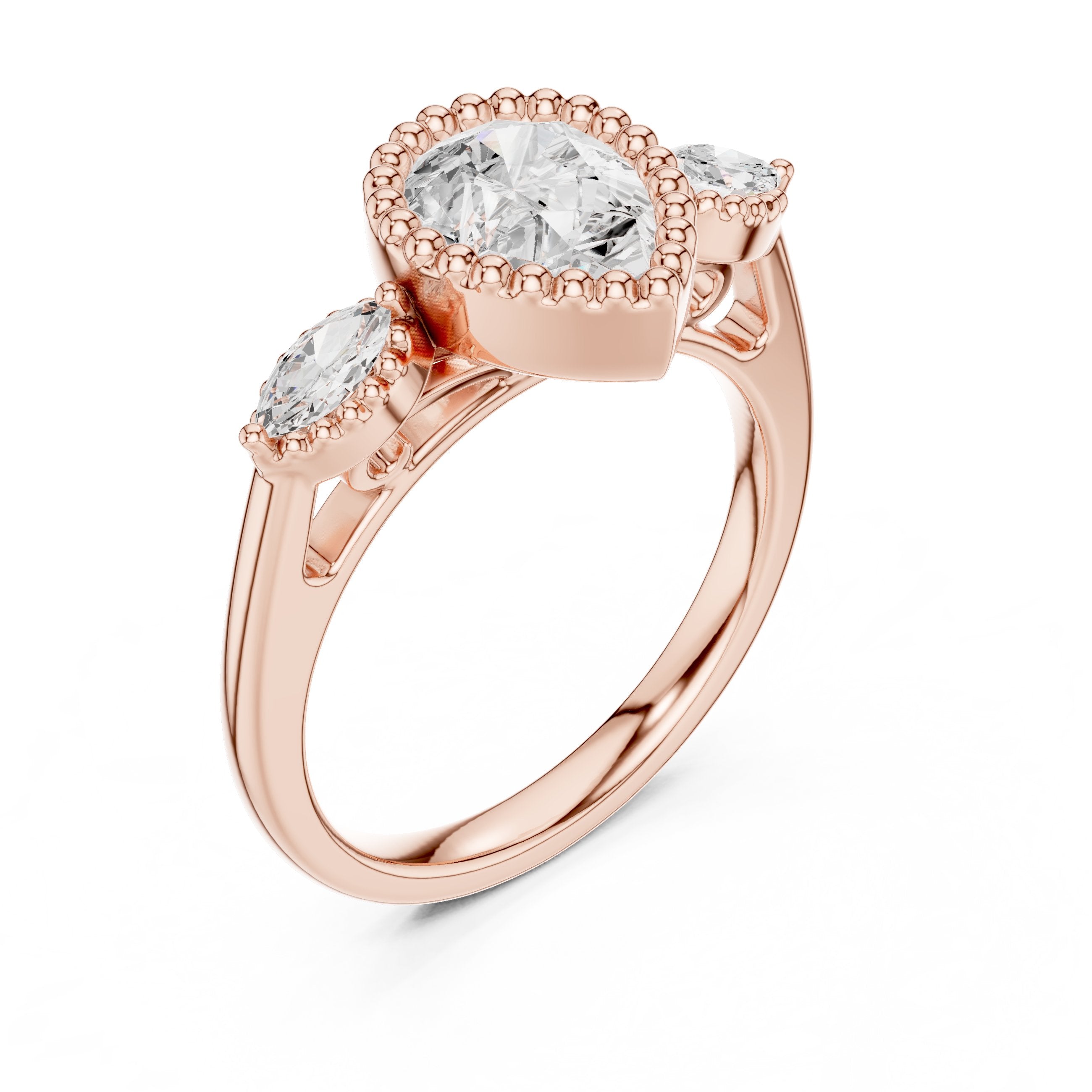 Pear Diamond Three Stone Engagement Ring with Marquise Sides and Milgrain Detail in Rose Gold - VYKA Diamonds