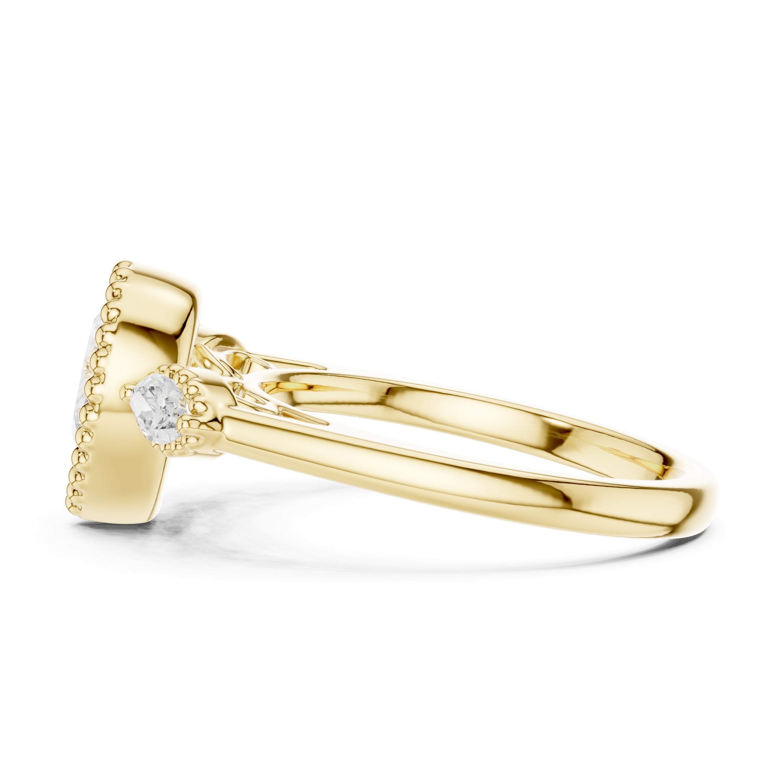 Pear Diamond Three Stone Engagement Ring with Marquise Sides and Milgrain Detail in Yellow Gold - VYKA Diamonds