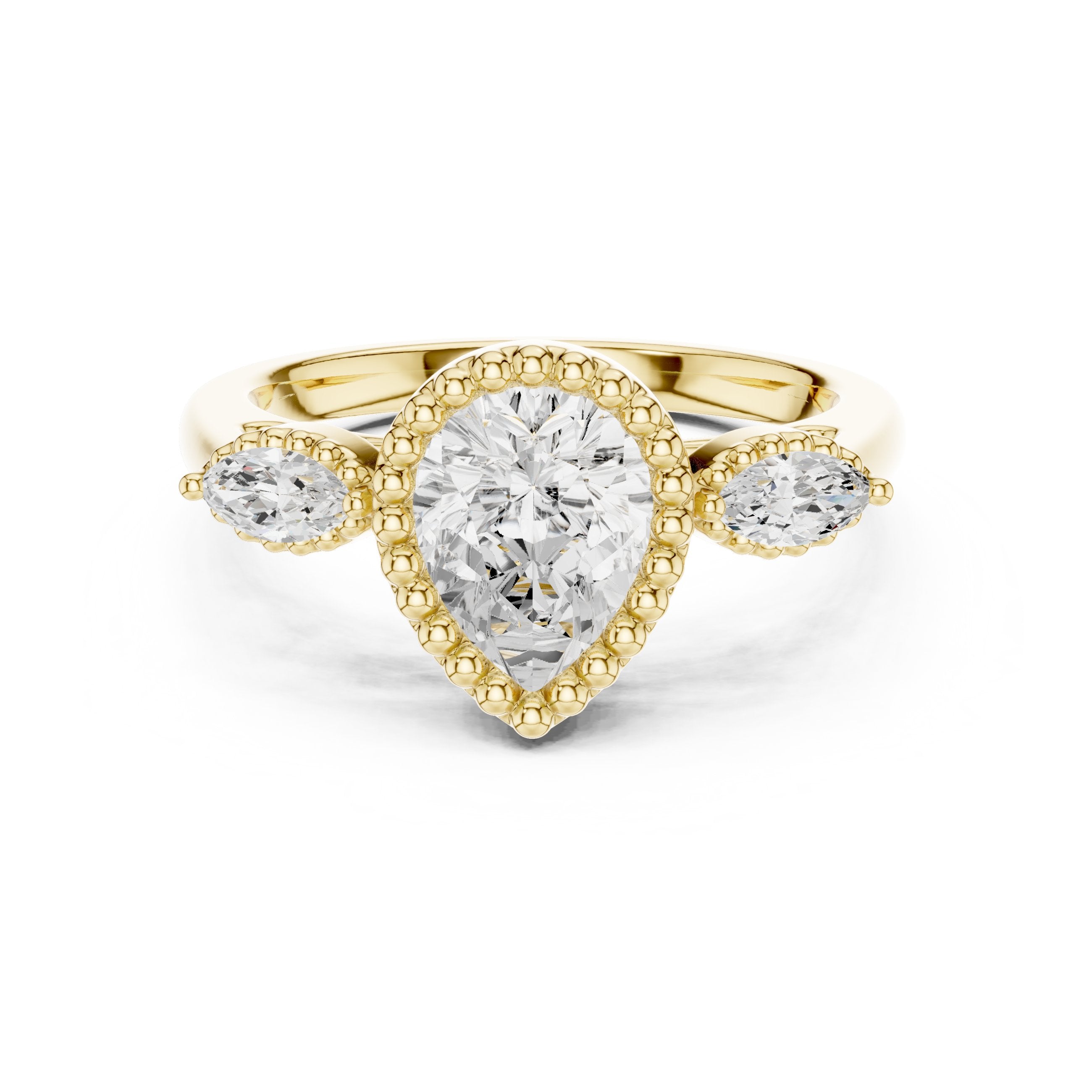 Pear Diamond Three Stone Engagement Ring with Marquise Sides and Milgrain Detail in Yellow Gold - VYKA Diamonds