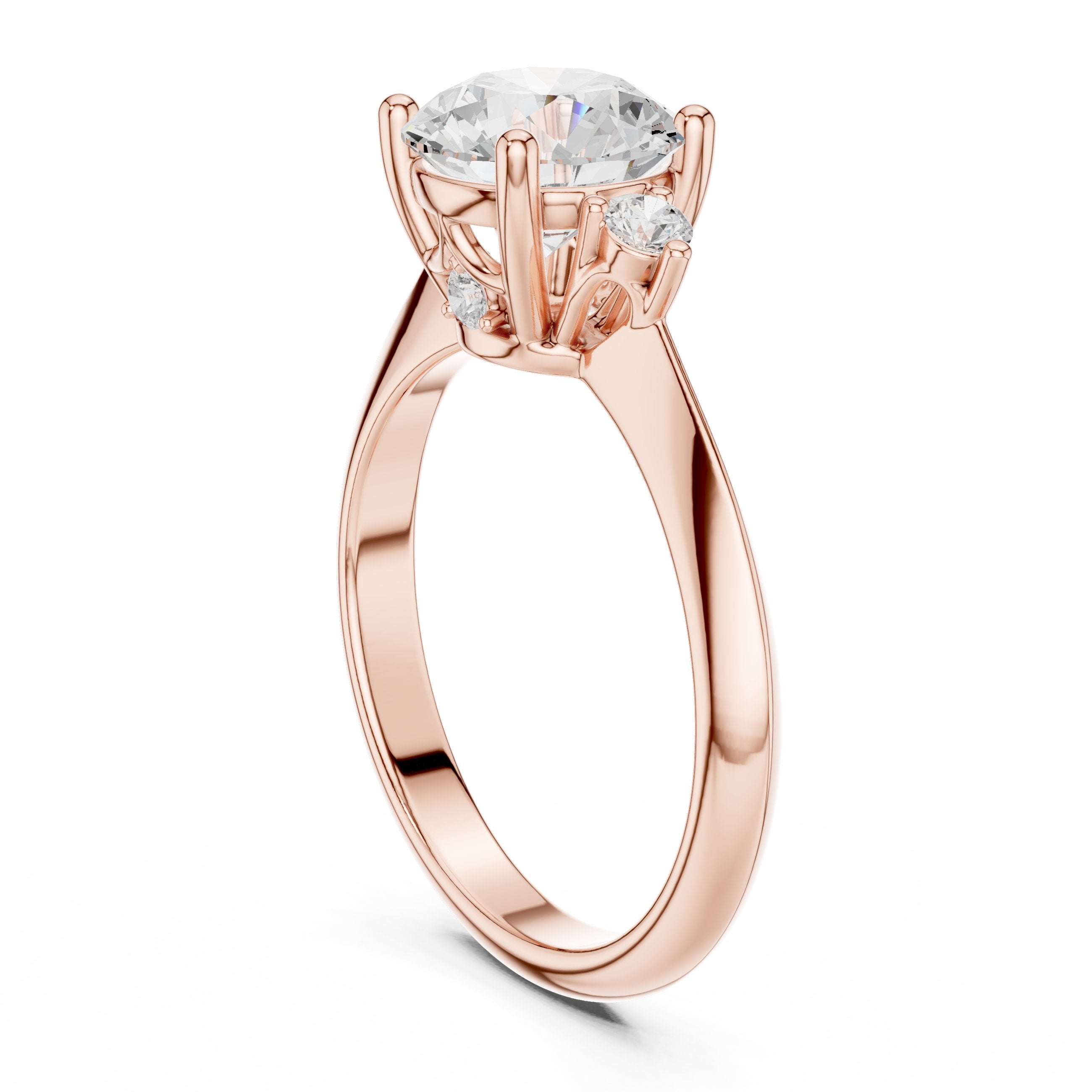 Round Diamond Engagement Ring with Round Side Accents and Tapered Shoulders in Rose Gold - VYKA Diamonds