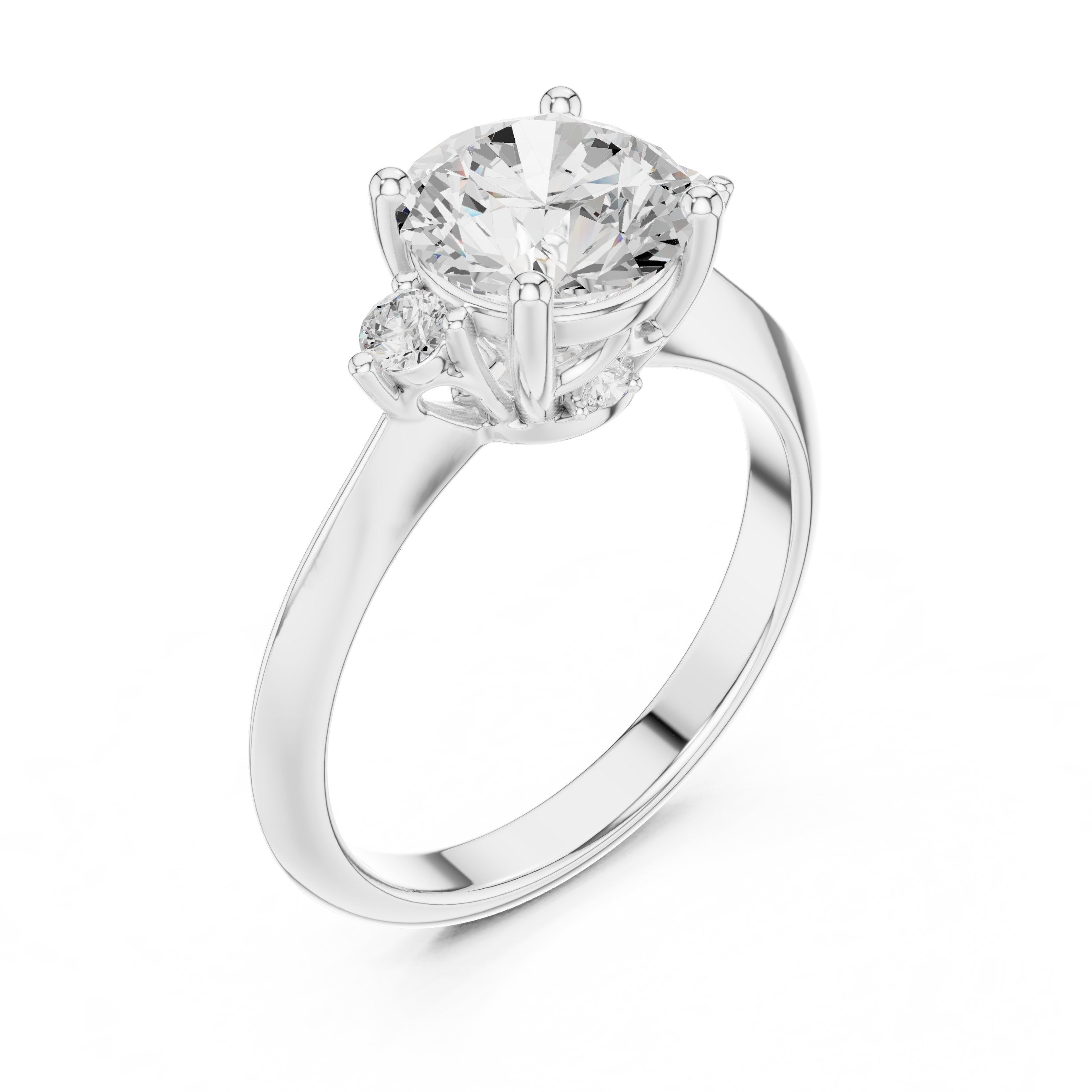 Round Diamond Engagement Ring with Round Side Accents and Tapered Shoulders in White Gold - VYKA Diamonds