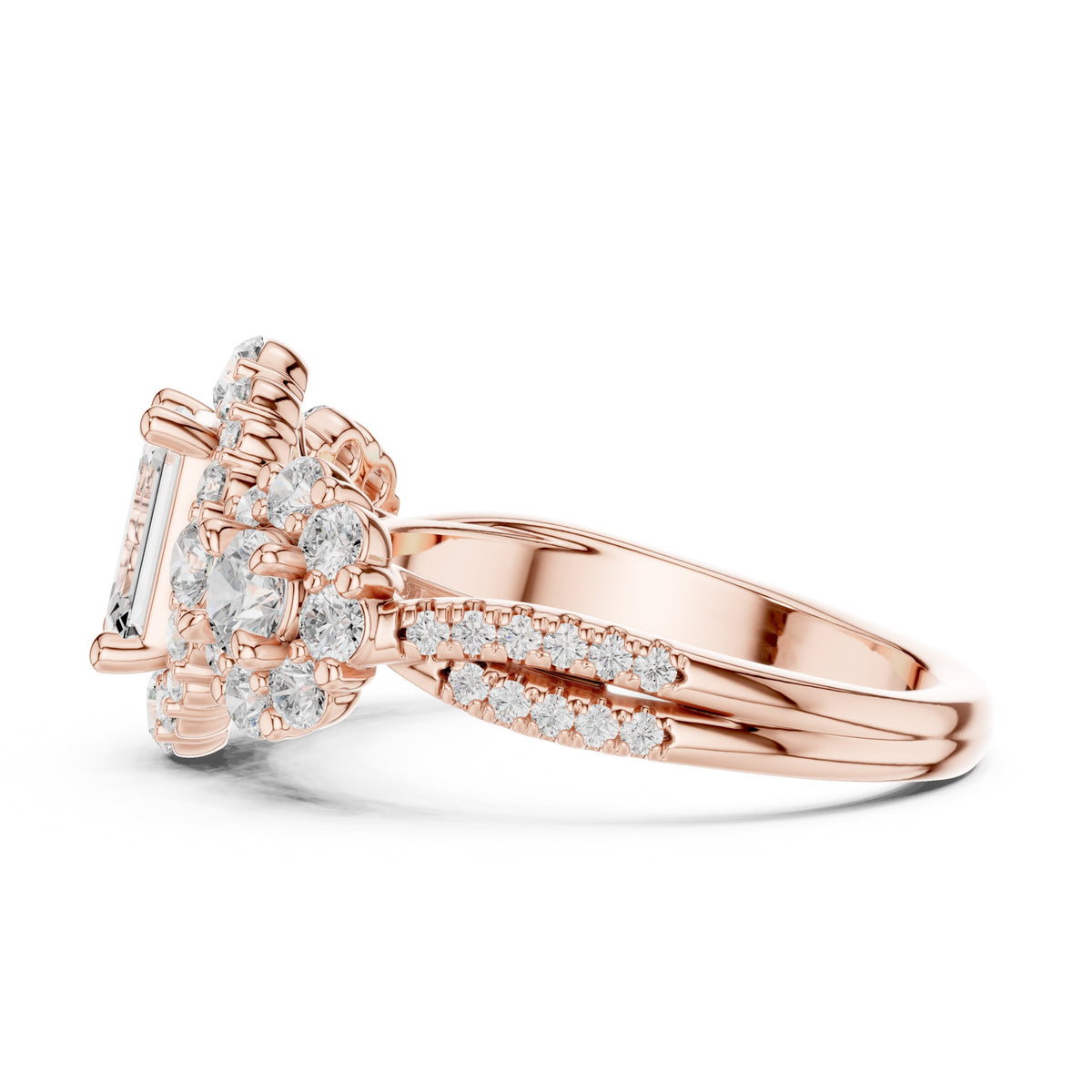 Emerald Cut Three Stone Halo Engagement Ring with Round Cluster Sides