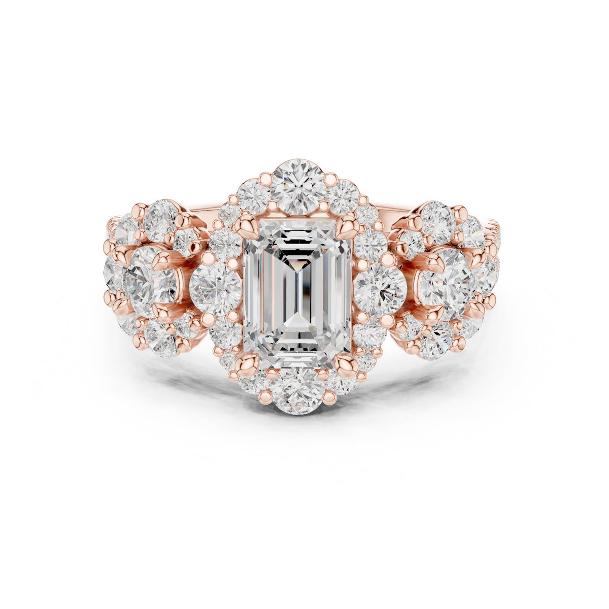 Emerald Cut Three Stone Halo Engagement Ring with Round Cluster Sides
