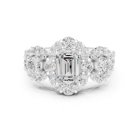Emerald Cut Three Stone Halo Engagement Ring with Round Cluster Sides