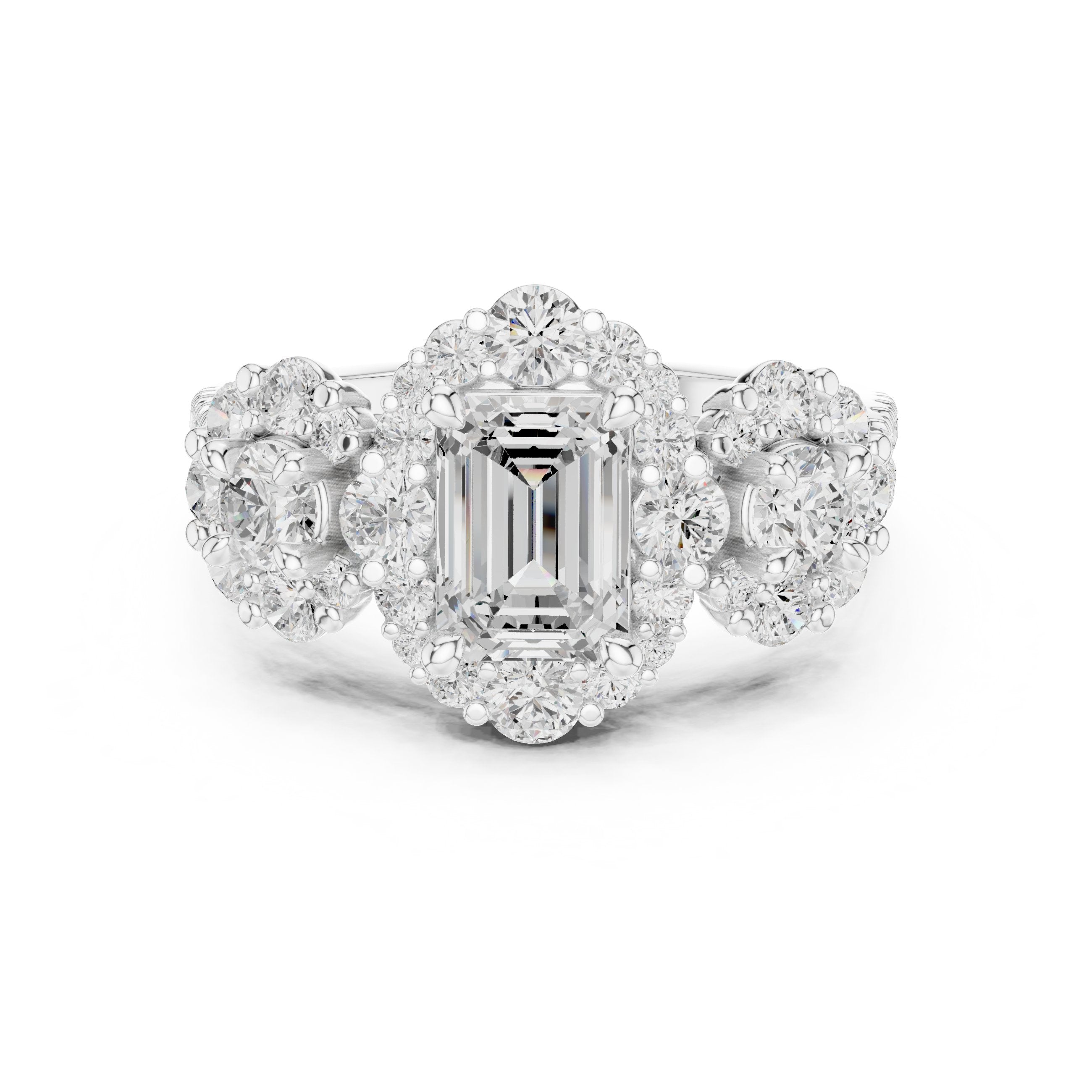 Emerald Cut Three Stone Halo Engagement Ring with Round Cluster Sides in White Gold - VYKA Diamonds