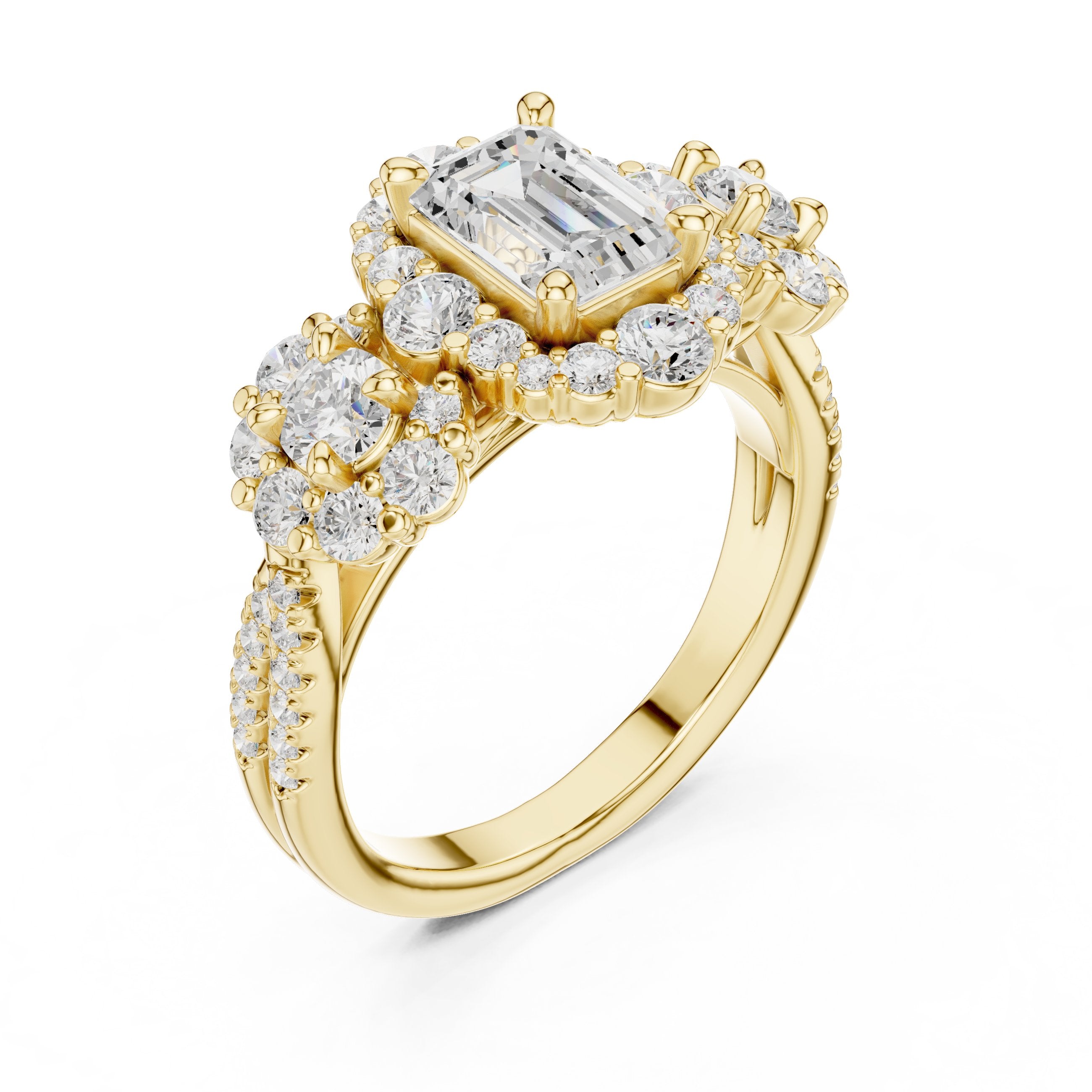 Emerald Cut Three Stone Halo Engagement Ring with Round Cluster Sides in Yellow Gold - VYKA Diamonds