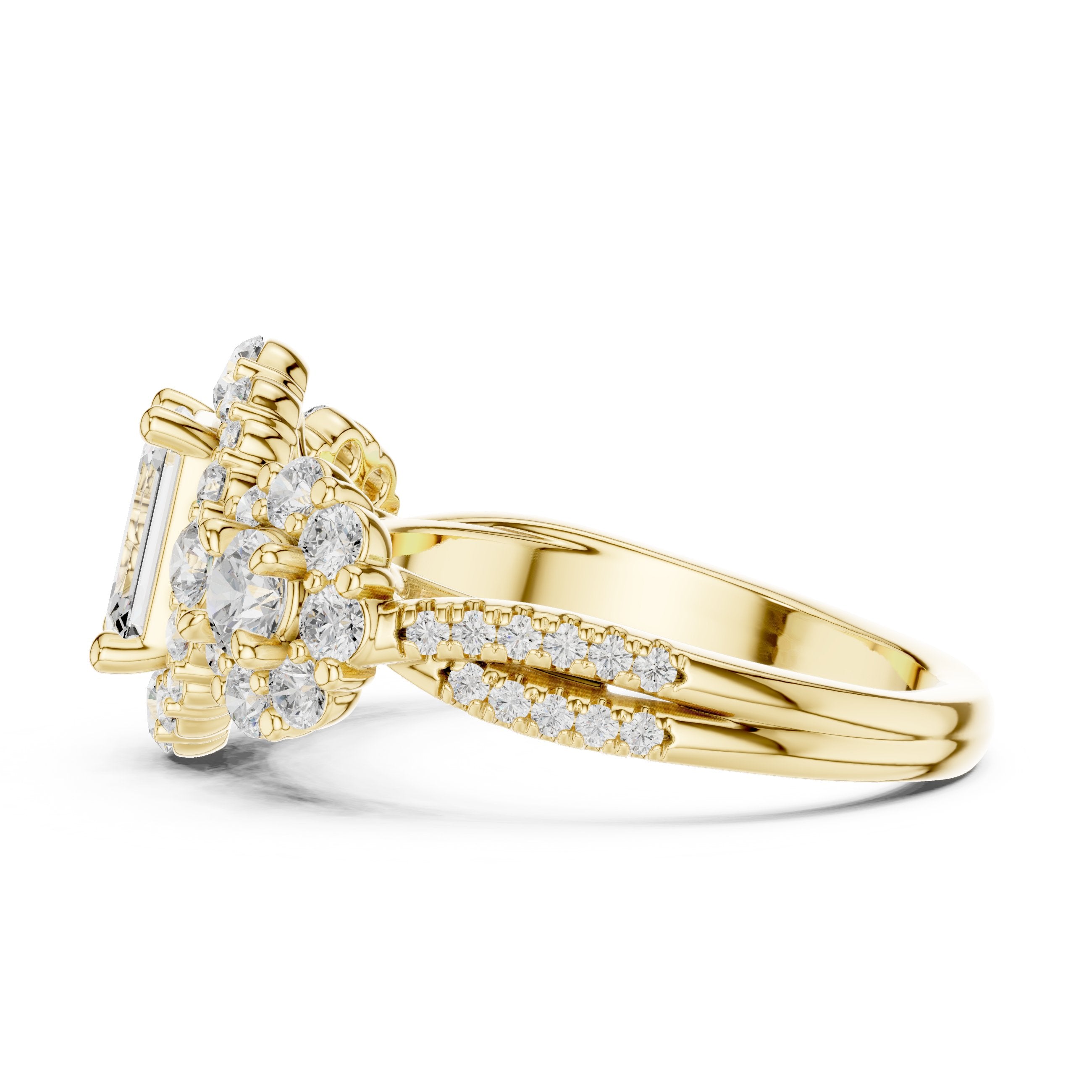 Emerald Cut Three Stone Halo Engagement Ring with Round Cluster Sides in Yellow Gold - VYKA Diamonds