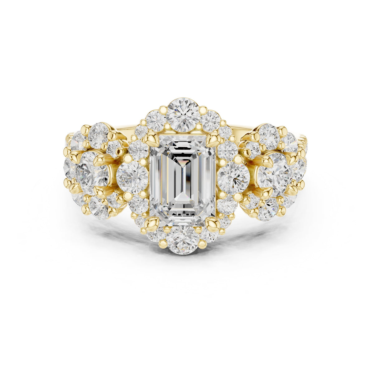 Emerald Cut Three Stone Halo Engagement Ring with Round Cluster Sides