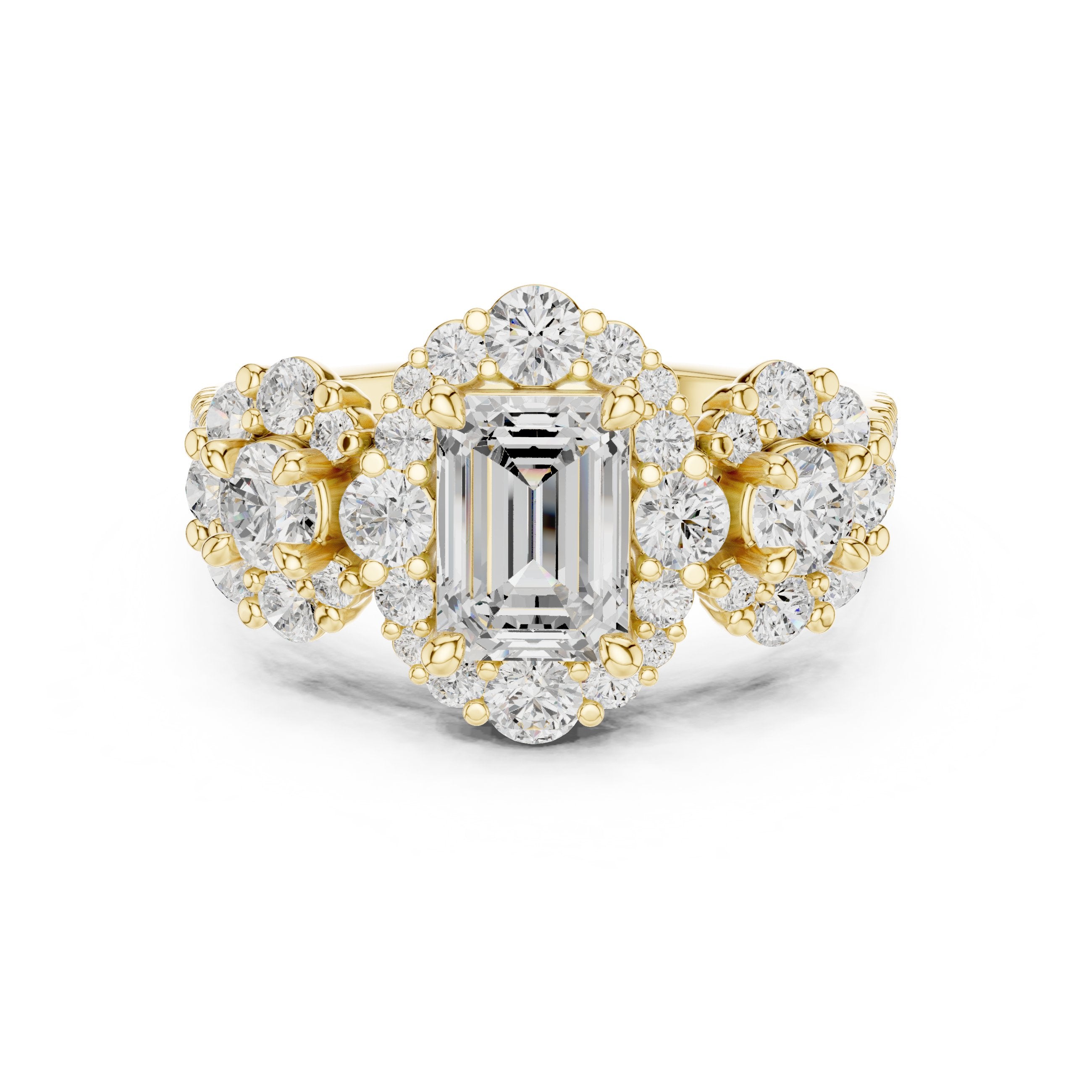 Emerald Cut Three Stone Halo Engagement Ring with Round Cluster Sides in Yellow Gold - VYKA Diamonds