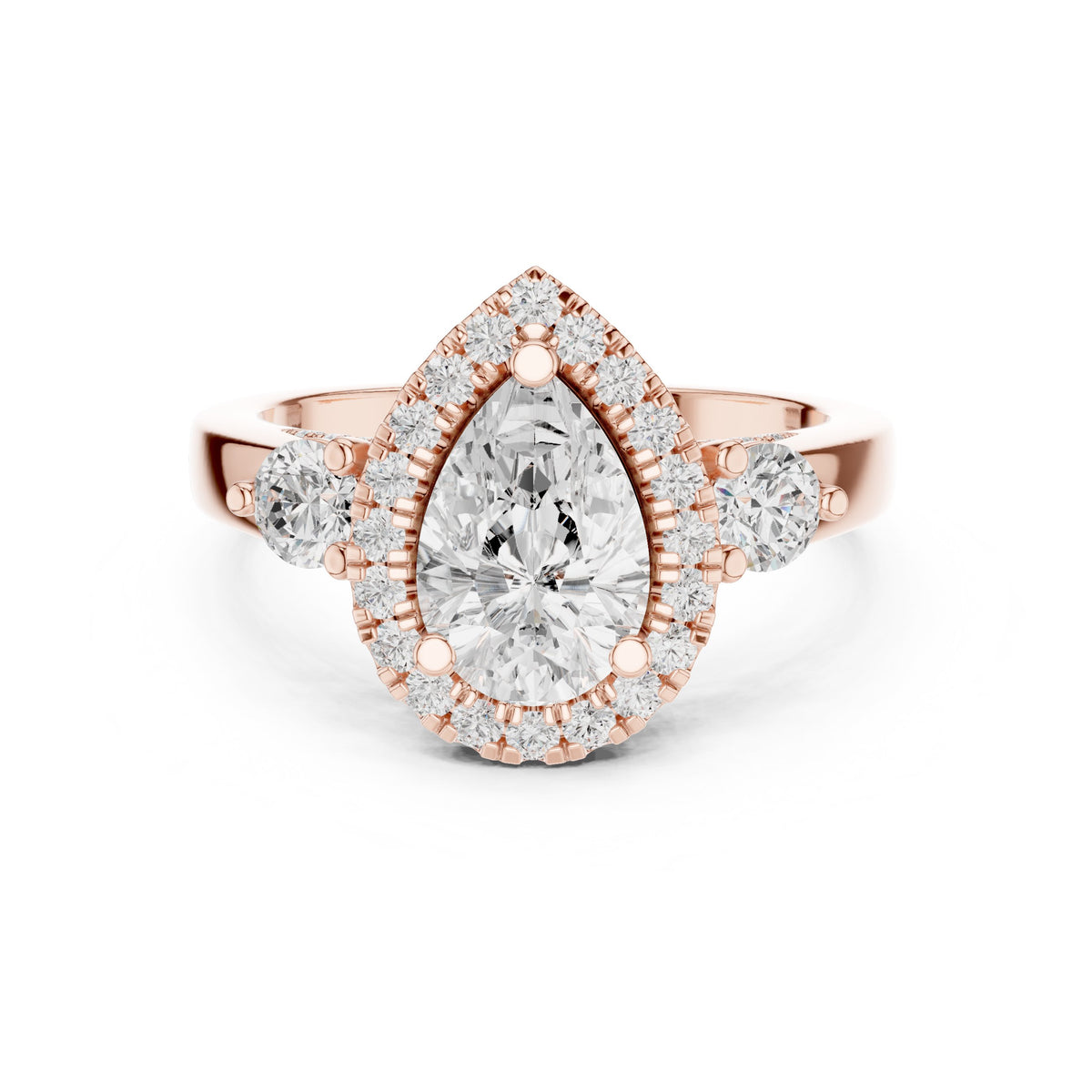 Pear Diamond Three Stone Halo Engagement Ring with Round Side Stones