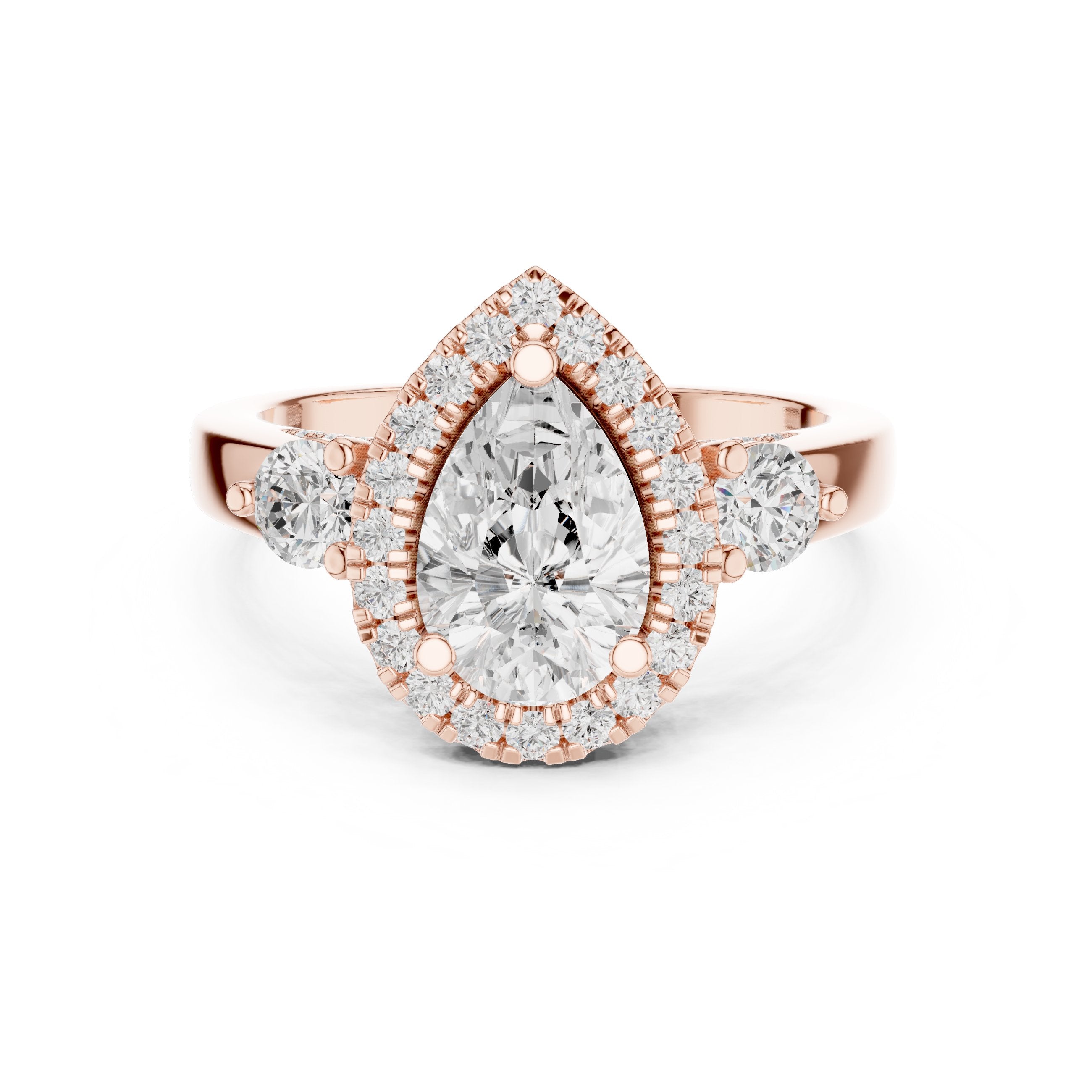 Pear Diamond Three Stone Halo Engagement Ring with Round Side Stones in Rose Gold - VYKA Diamonds