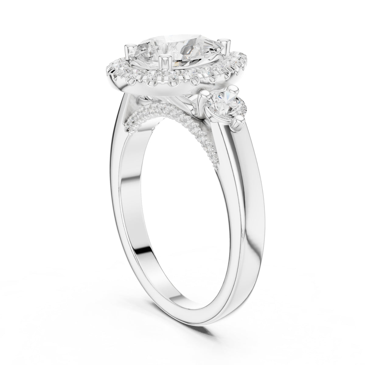 Pear Diamond Three Stone Halo Engagement Ring with Round Side Stones