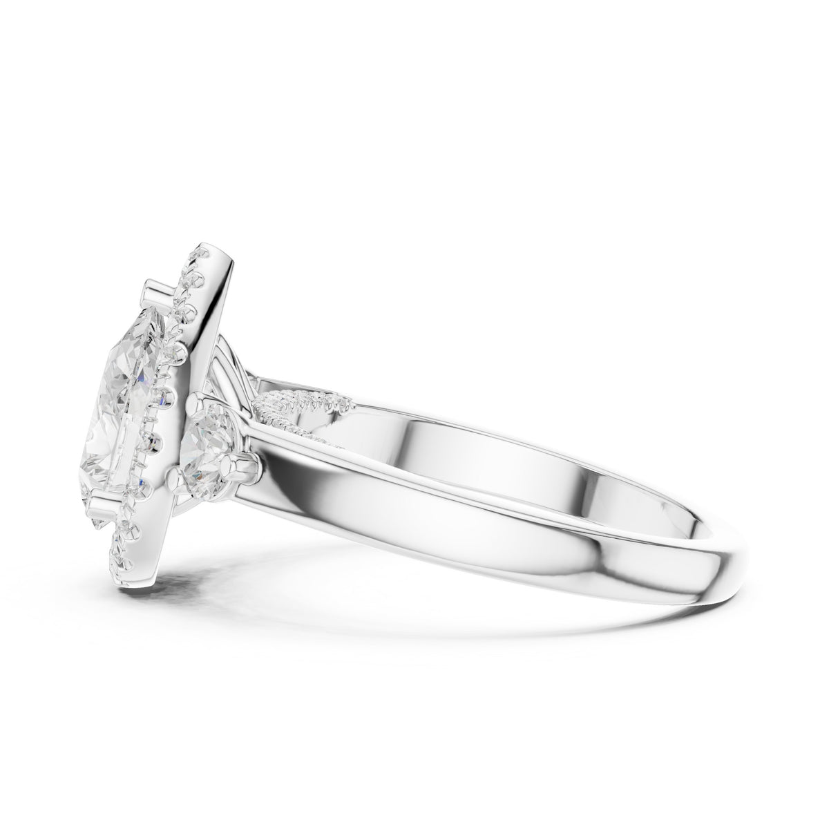 Pear Diamond Three Stone Halo Engagement Ring with Round Side Stones