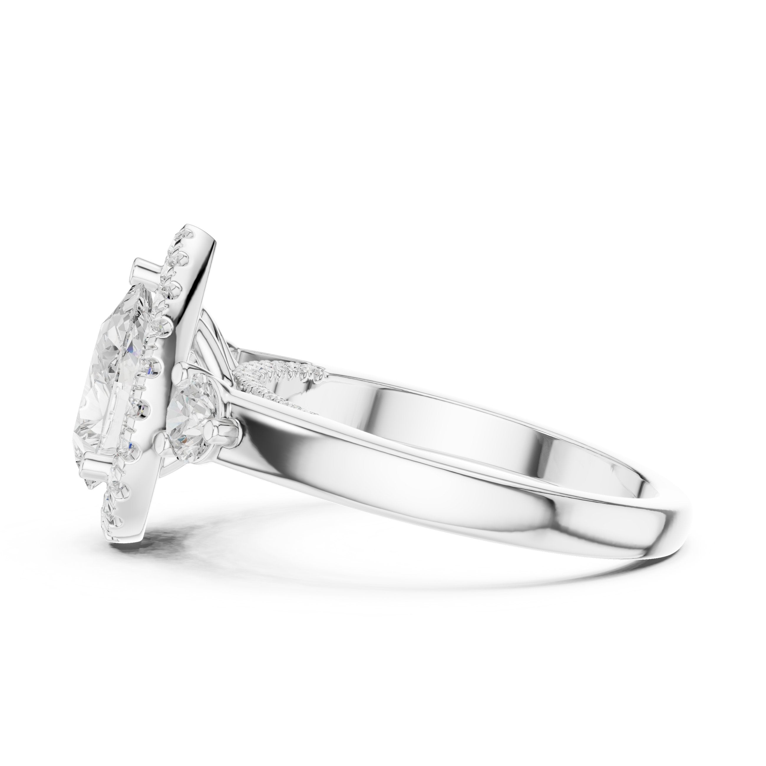 Pear Diamond Three Stone Halo Engagement Ring with Round Side Stones in White Gold - VYKA Diamonds