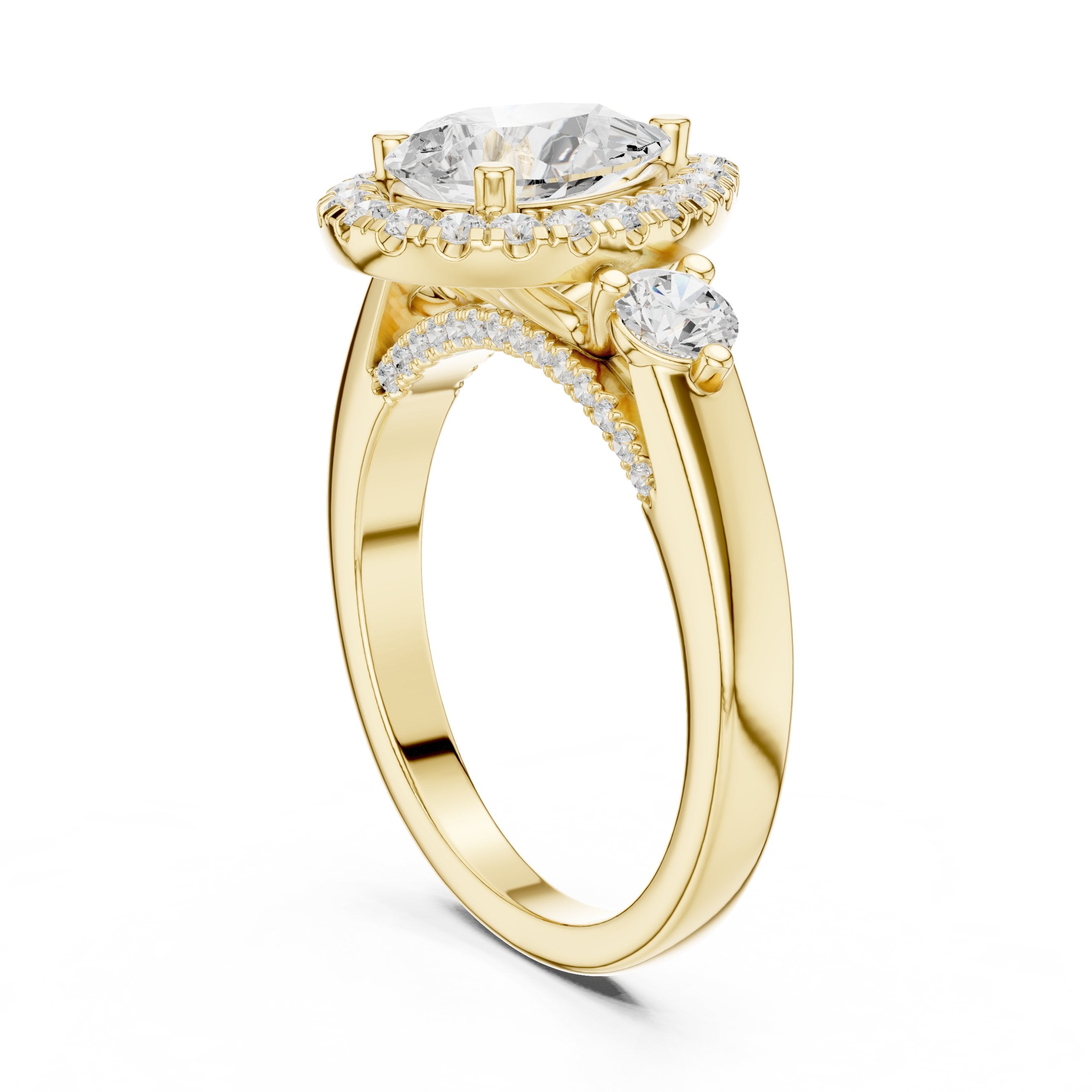 Pear Diamond Three Stone Halo Engagement Ring with Round Side Stones in Yellow Gold - VYKA Diamonds