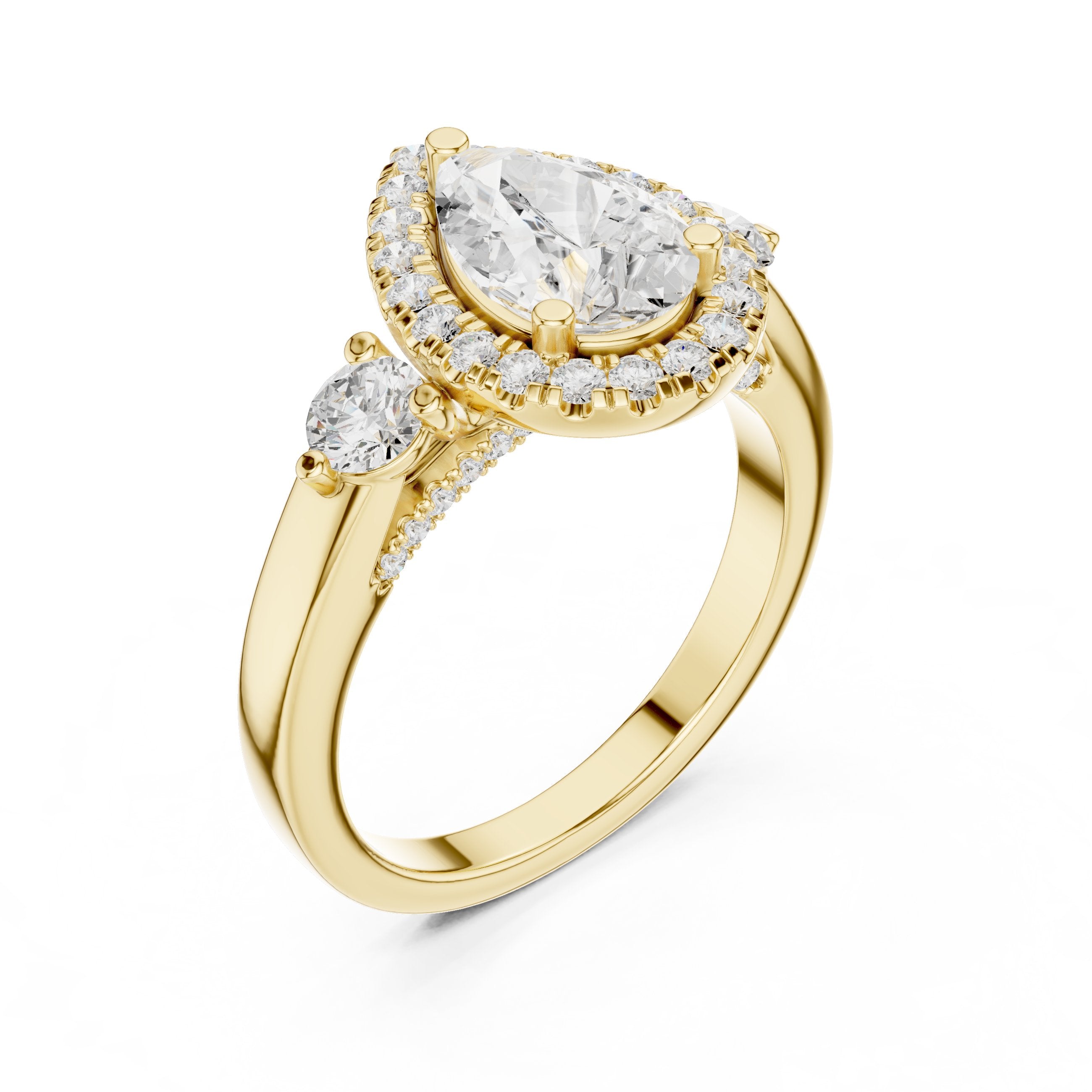 Pear Diamond Three Stone Halo Engagement Ring with Round Side Stones in Yellow Gold - VYKA Diamonds
