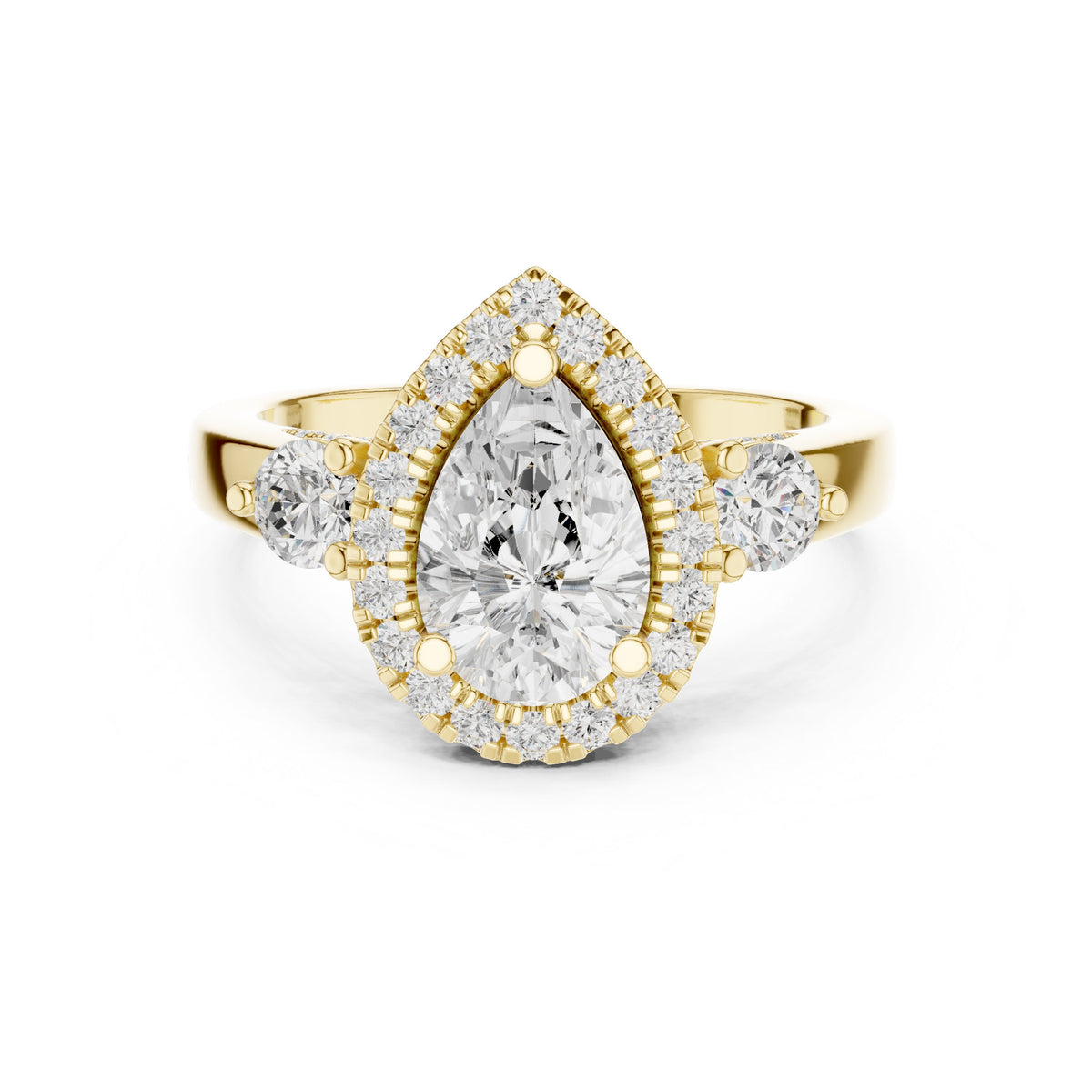 Pear Diamond Three Stone Halo Engagement Ring with Round Side Stones