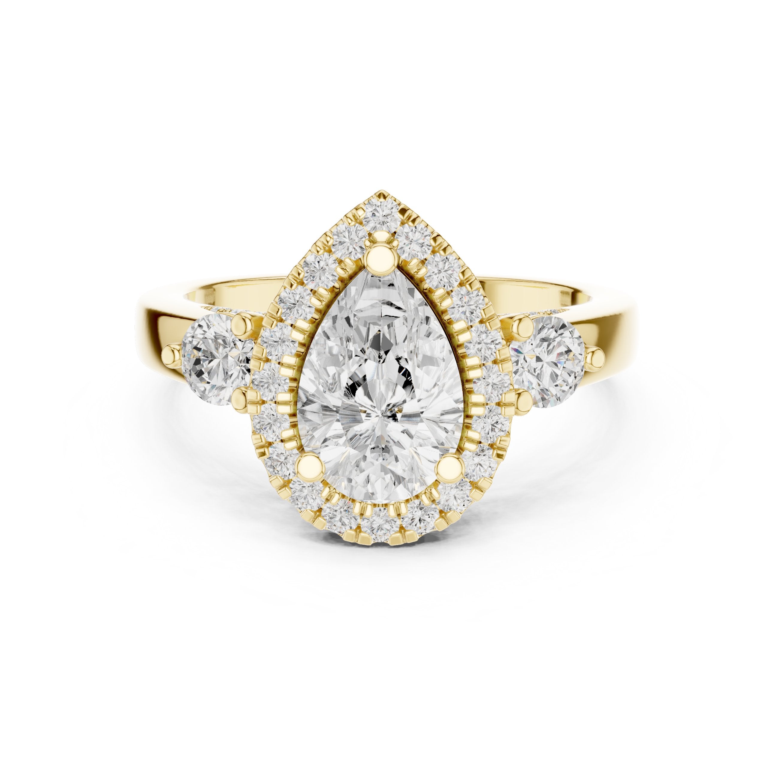 Pear Diamond Three Stone Halo Engagement Ring with Round Side Stones in Yellow Gold - VYKA Diamonds