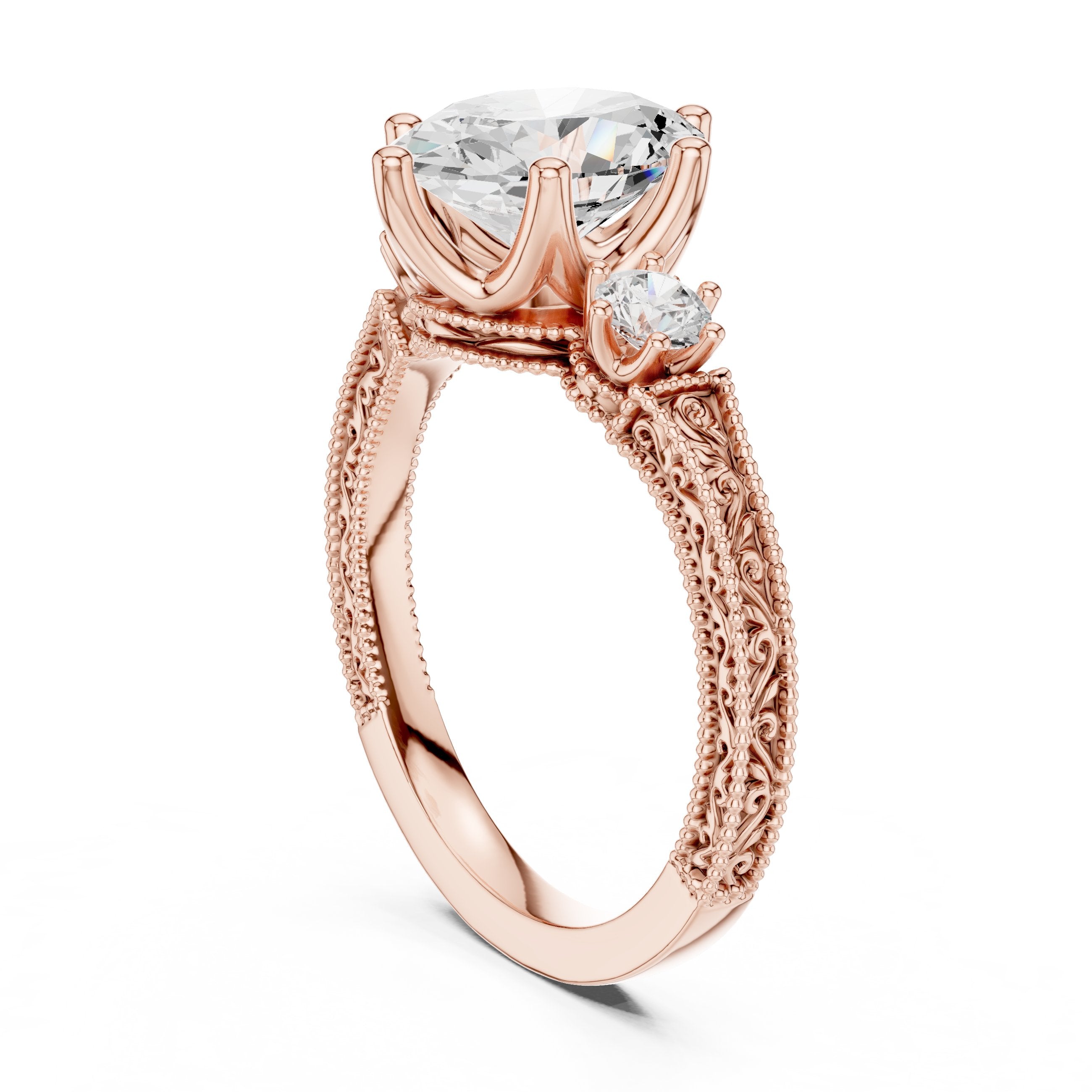 Oval Diamond Three Stone Engagement Ring with Round Sides and Vintage Milgrain Band in Rose Gold - VYKA Diamonds