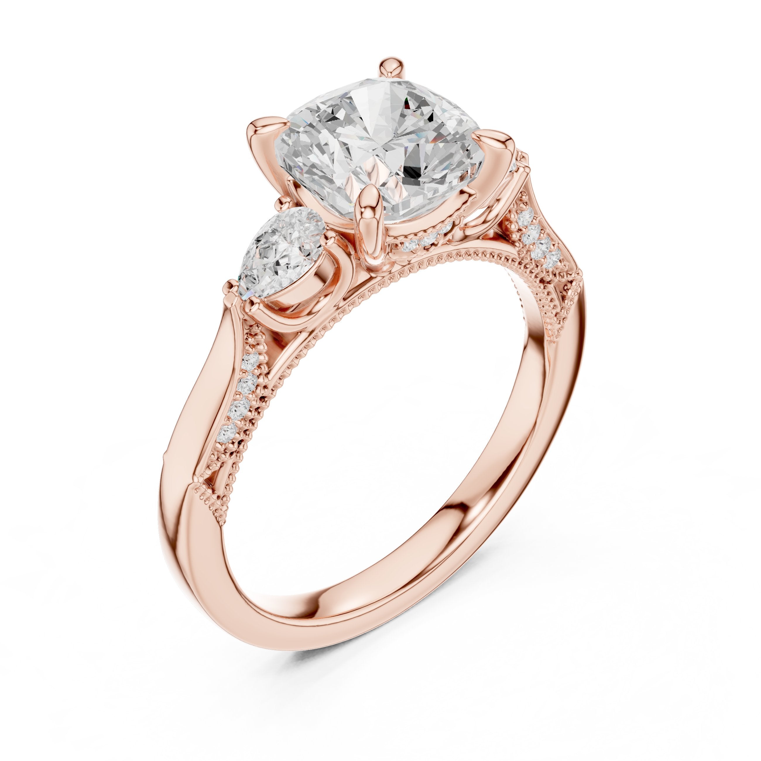 Cushion Cut Three Stone Engagement Ring with Trilliant Sides and Pavé Band in Rose Gold - VYKA Diamonds