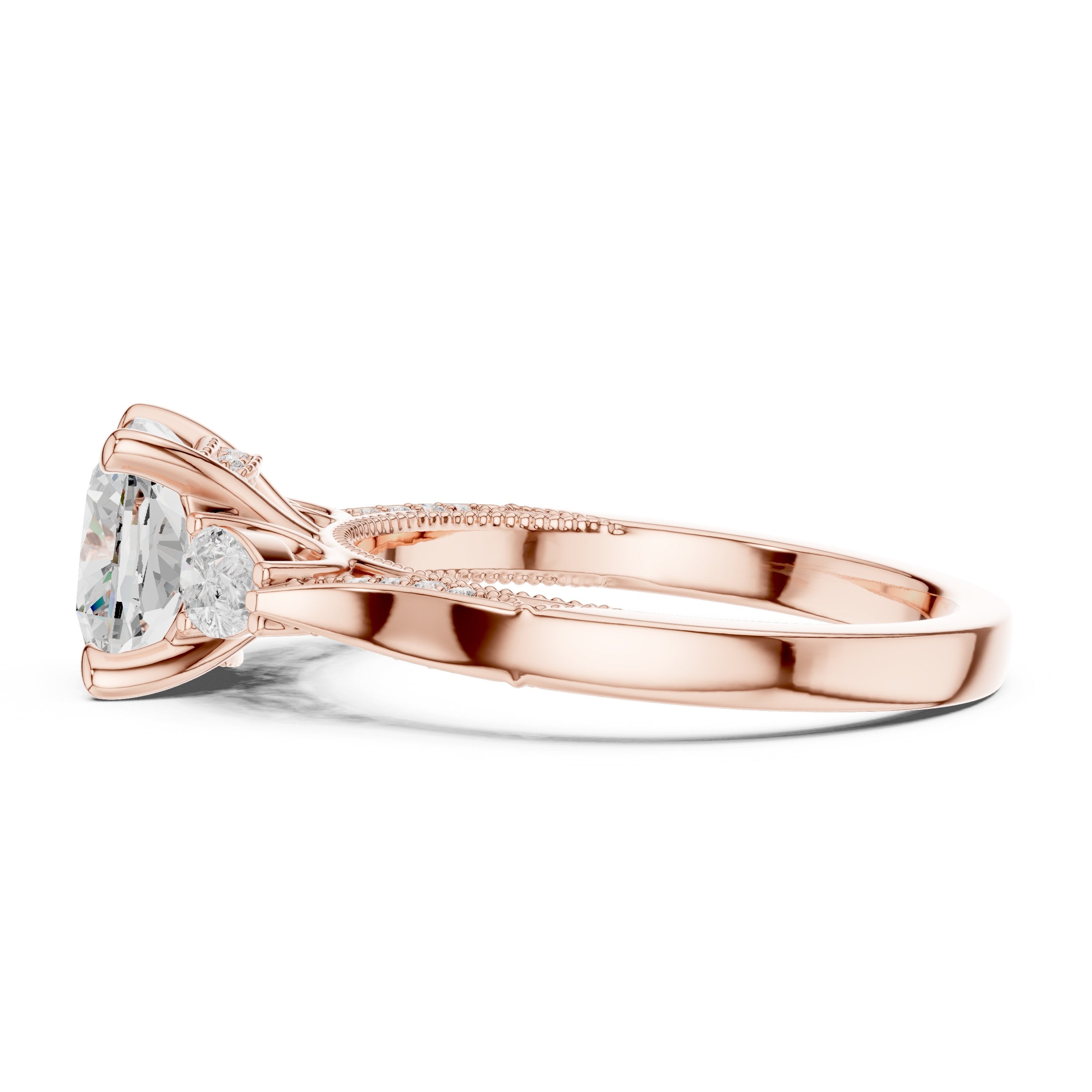Cushion Cut Three Stone Engagement Ring with Trilliant Sides and Pavé Band in Rose Gold - VYKA Diamonds