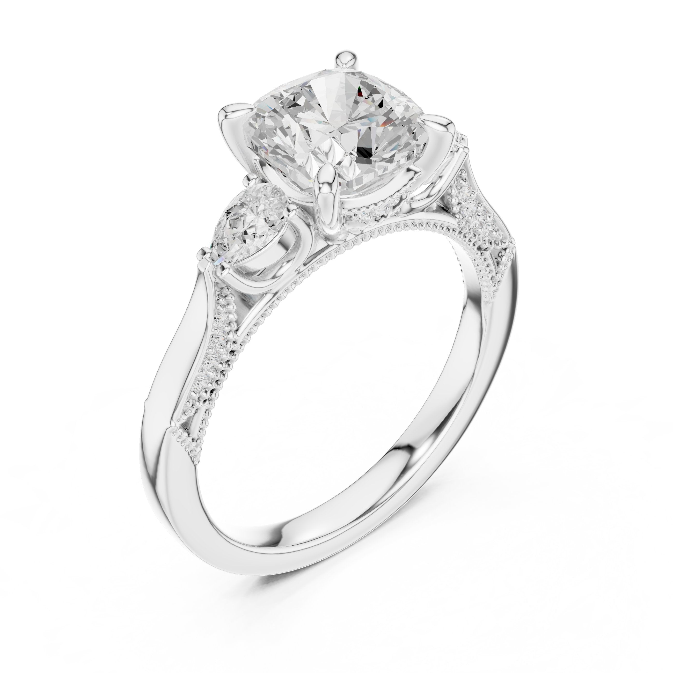 Cushion Cut Three Stone Engagement Ring with Trilliant Sides and Pavé Band in White Gold - VYKA Diamonds