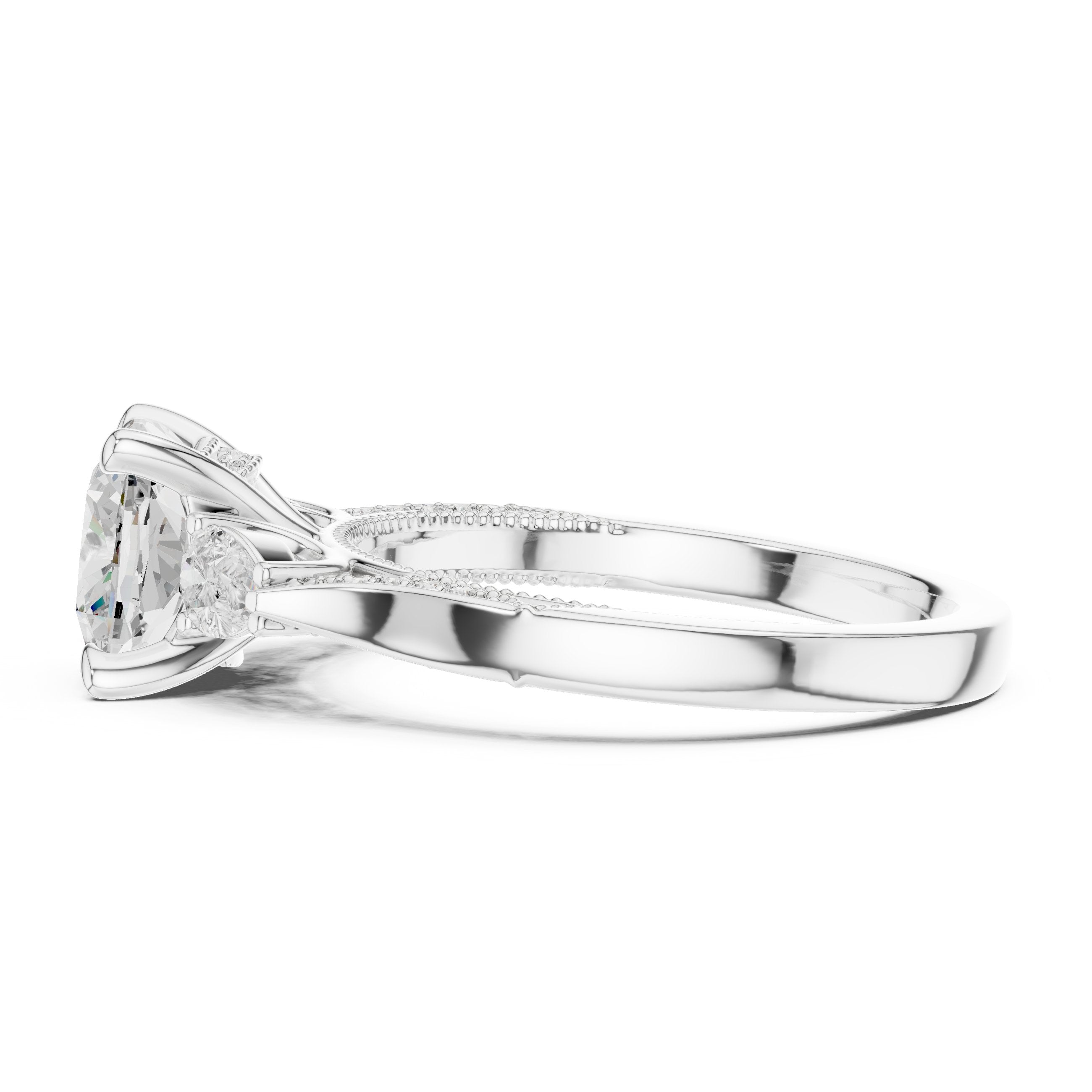 Cushion Cut Three Stone Engagement Ring with Trilliant Sides and Pavé Band in White Gold - VYKA Diamonds
