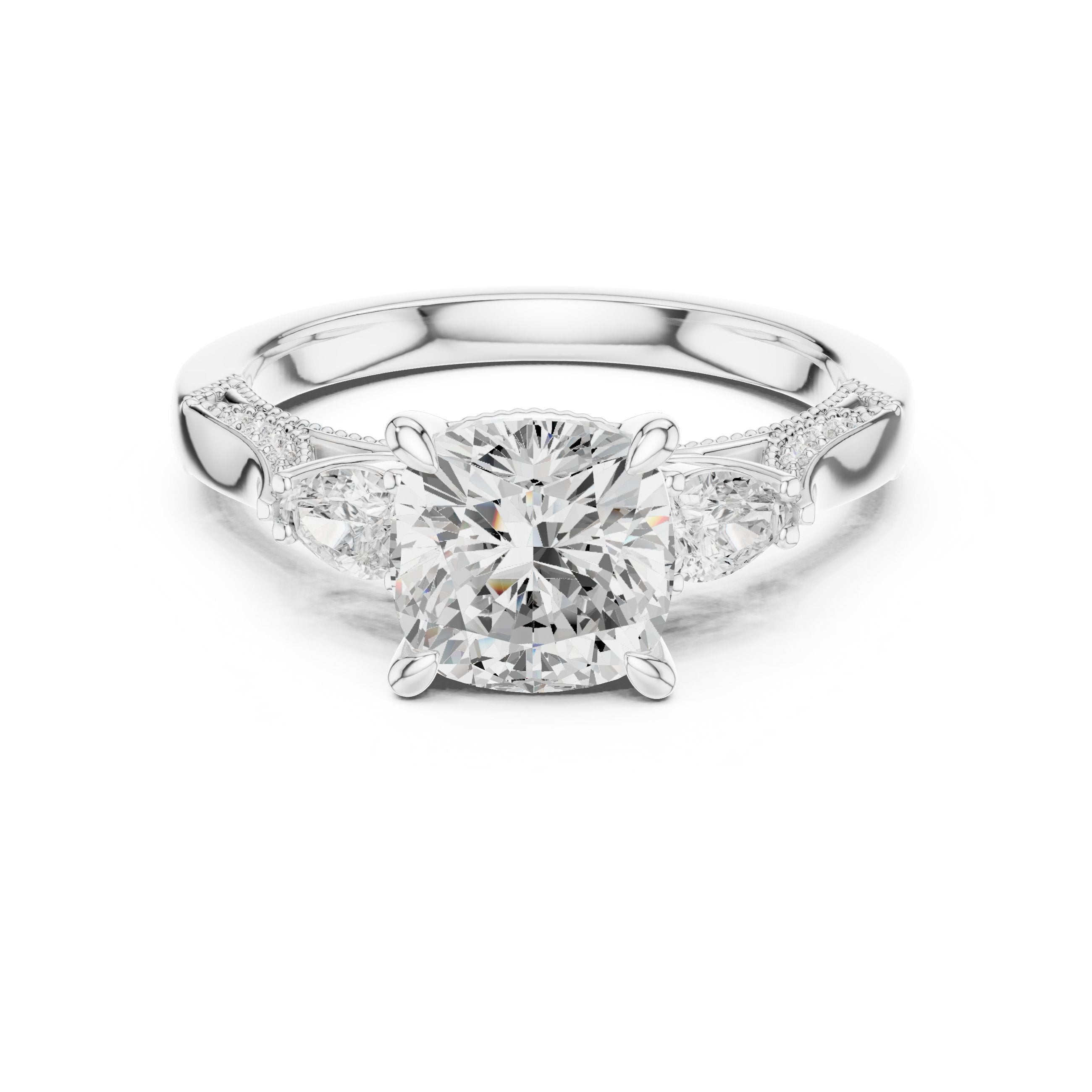 Cushion Cut Three Stone Engagement Ring with Trilliant Sides and Pavé Band in White Gold - VYKA Diamonds