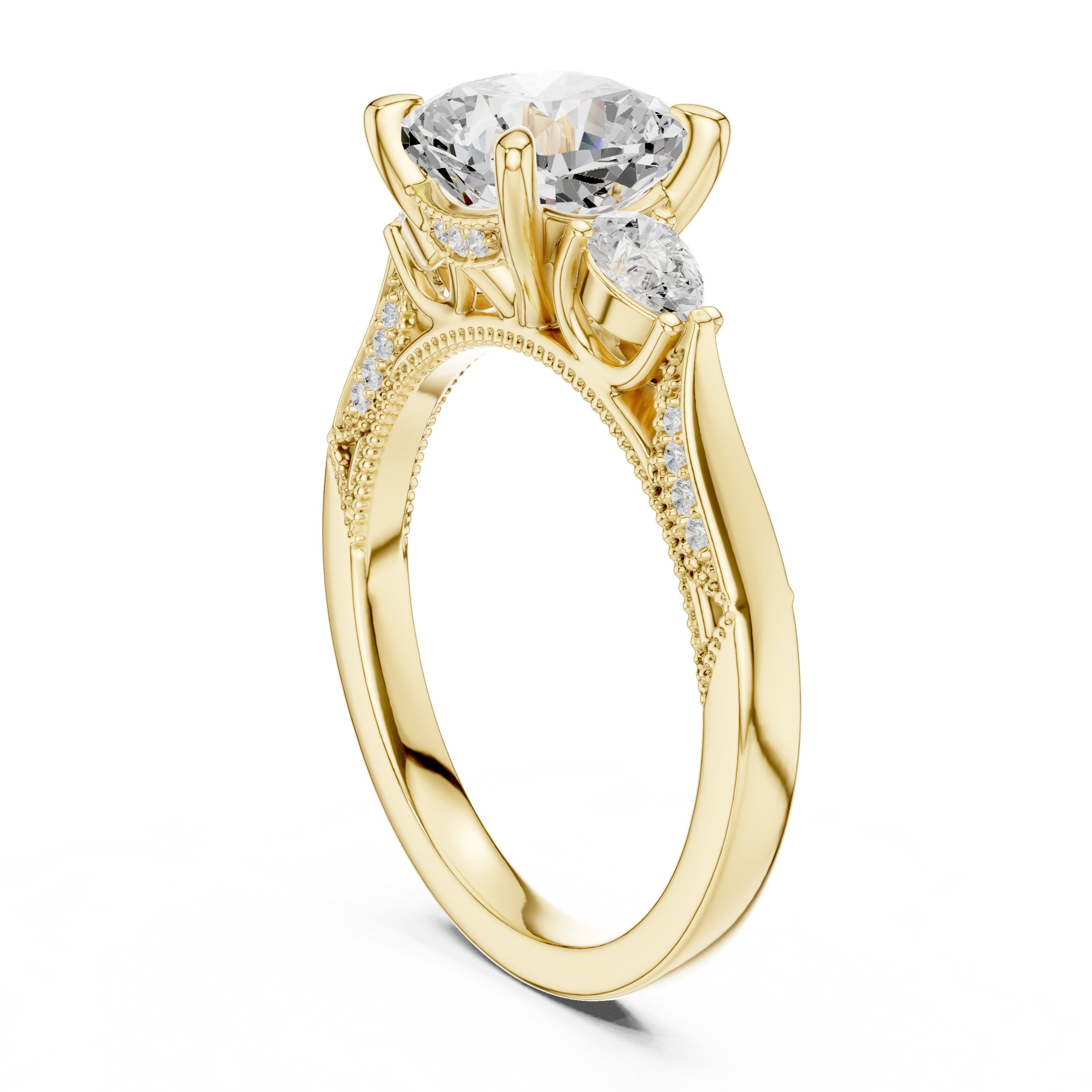Cushion Cut Three Stone Engagement Ring with Trilliant Sides and Pavé Band in Yellow Gold - VYKA Diamonds