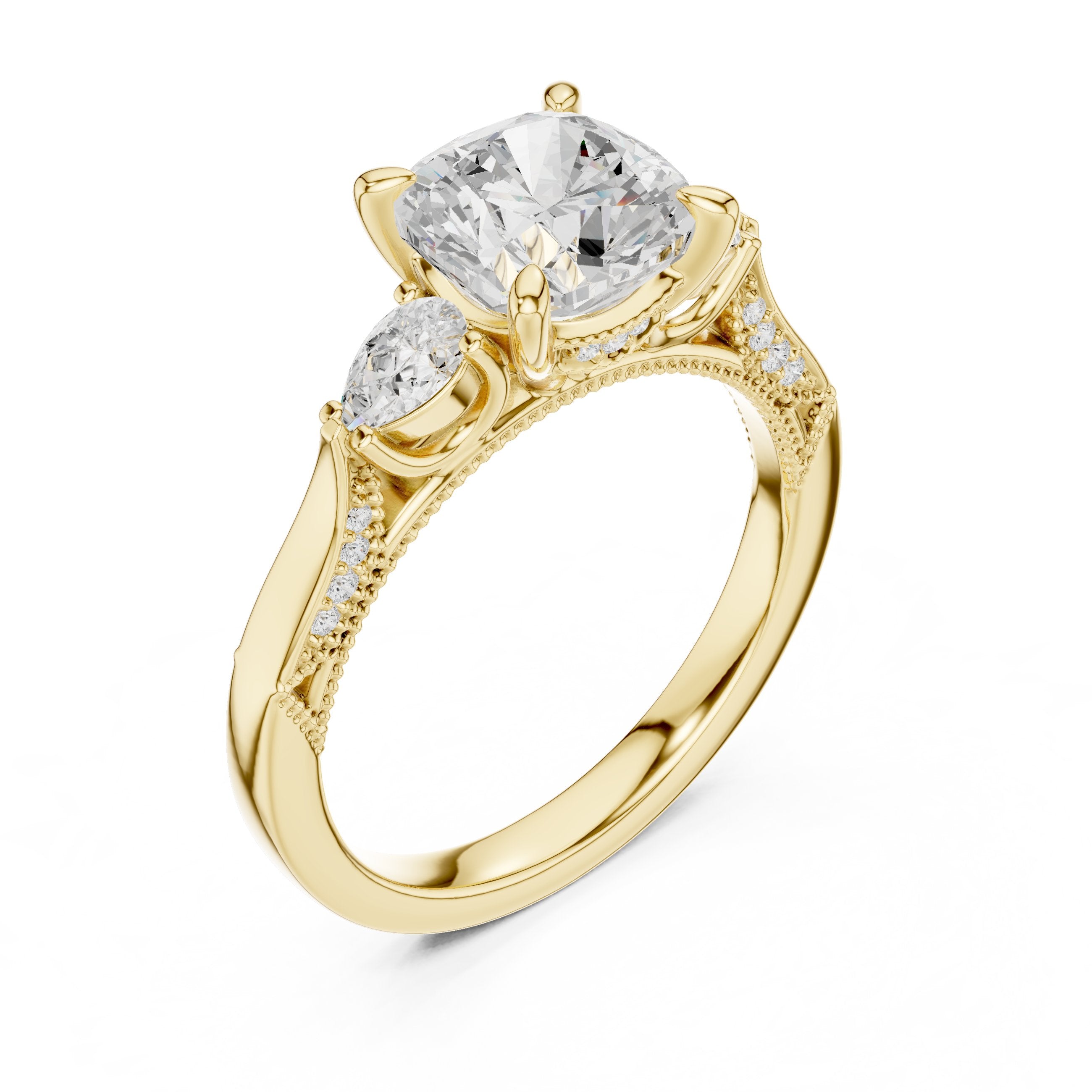 Cushion Cut Three Stone Engagement Ring with Trilliant Sides and Pavé Band in Yellow Gold - VYKA Diamonds