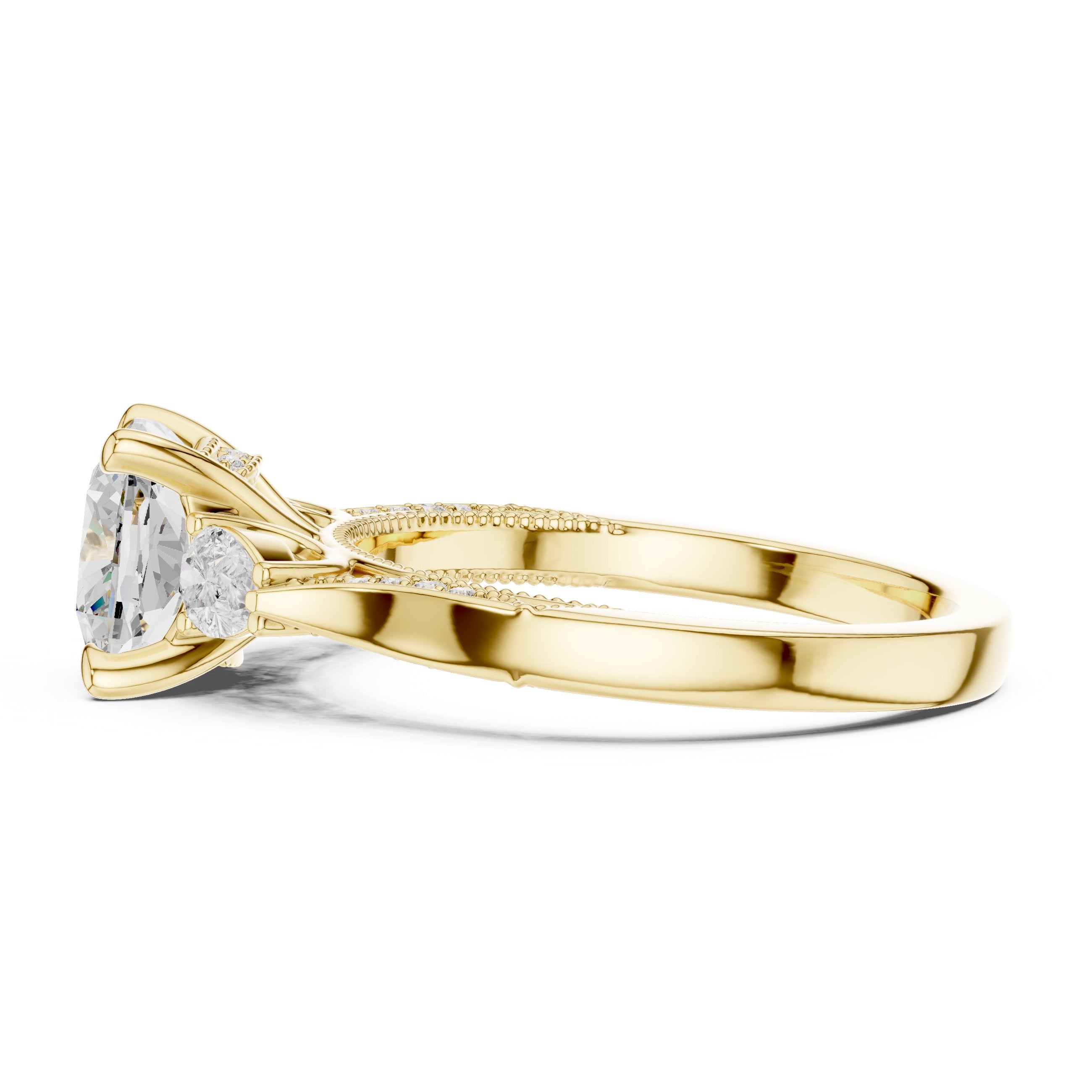 Cushion Cut Three Stone Engagement Ring with Trilliant Sides and Pavé Band in Yellow Gold - VYKA Diamonds