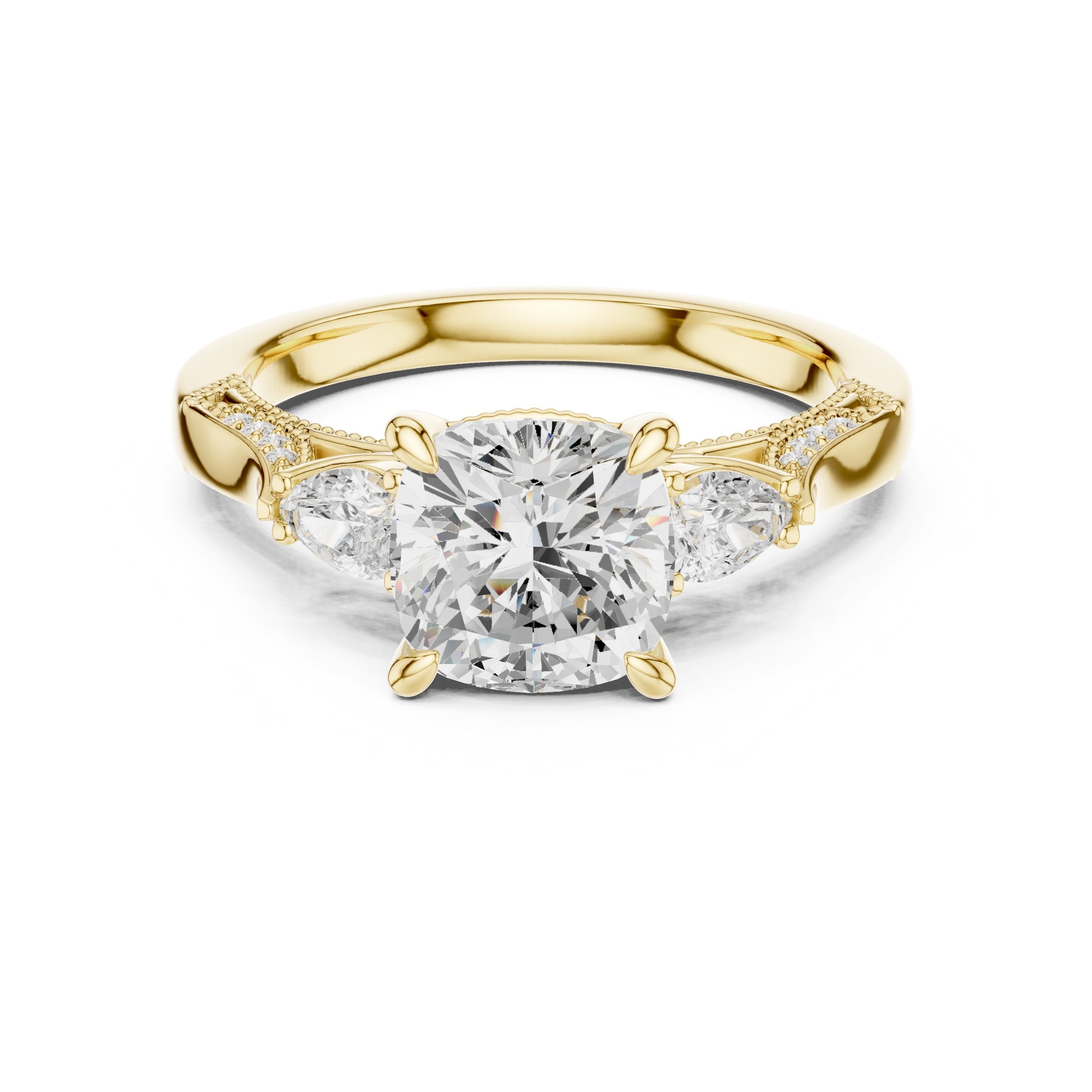 Cushion Cut Three Stone Engagement Ring with Trilliant Sides and Pavé Band in Yellow Gold - VYKA Diamonds