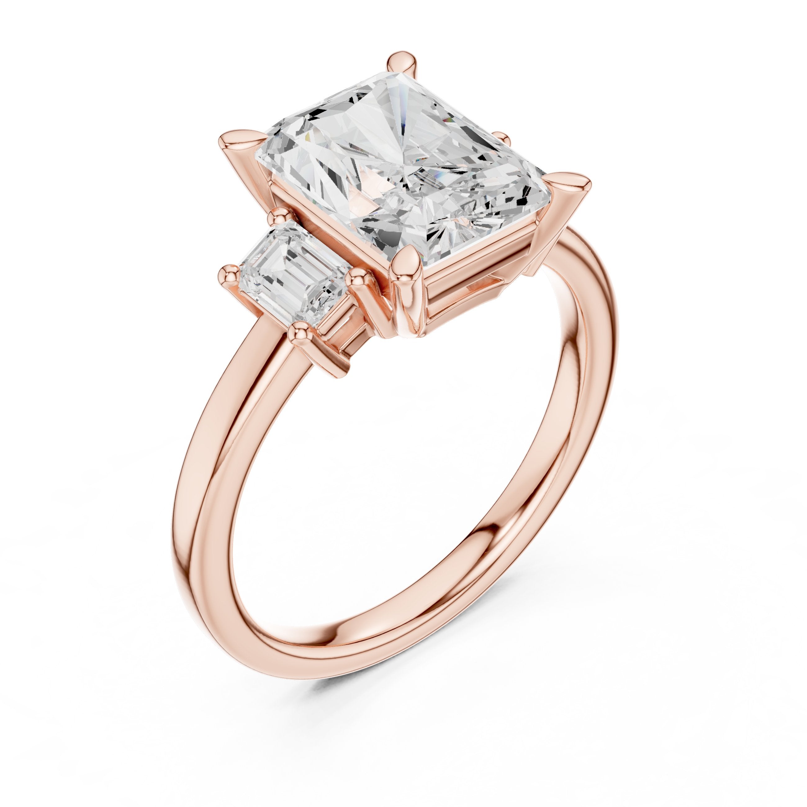 Radiant Cut Three Stone Engagement Ring with Emerald Cut Sides in Rose Gold - VYKA Diamonds