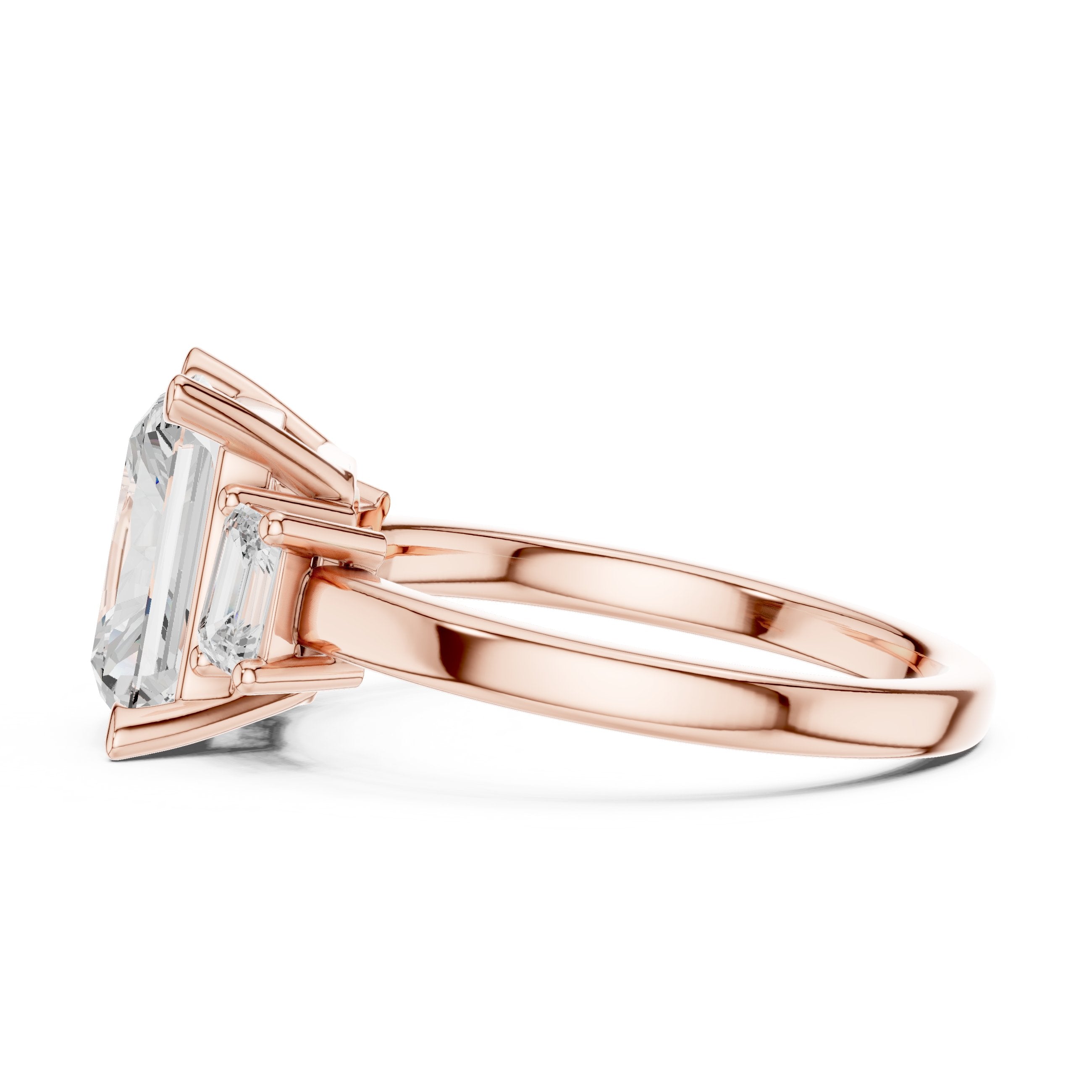 Radiant Cut Three Stone Engagement Ring with Emerald Cut Sides in Rose Gold - VYKA Diamonds