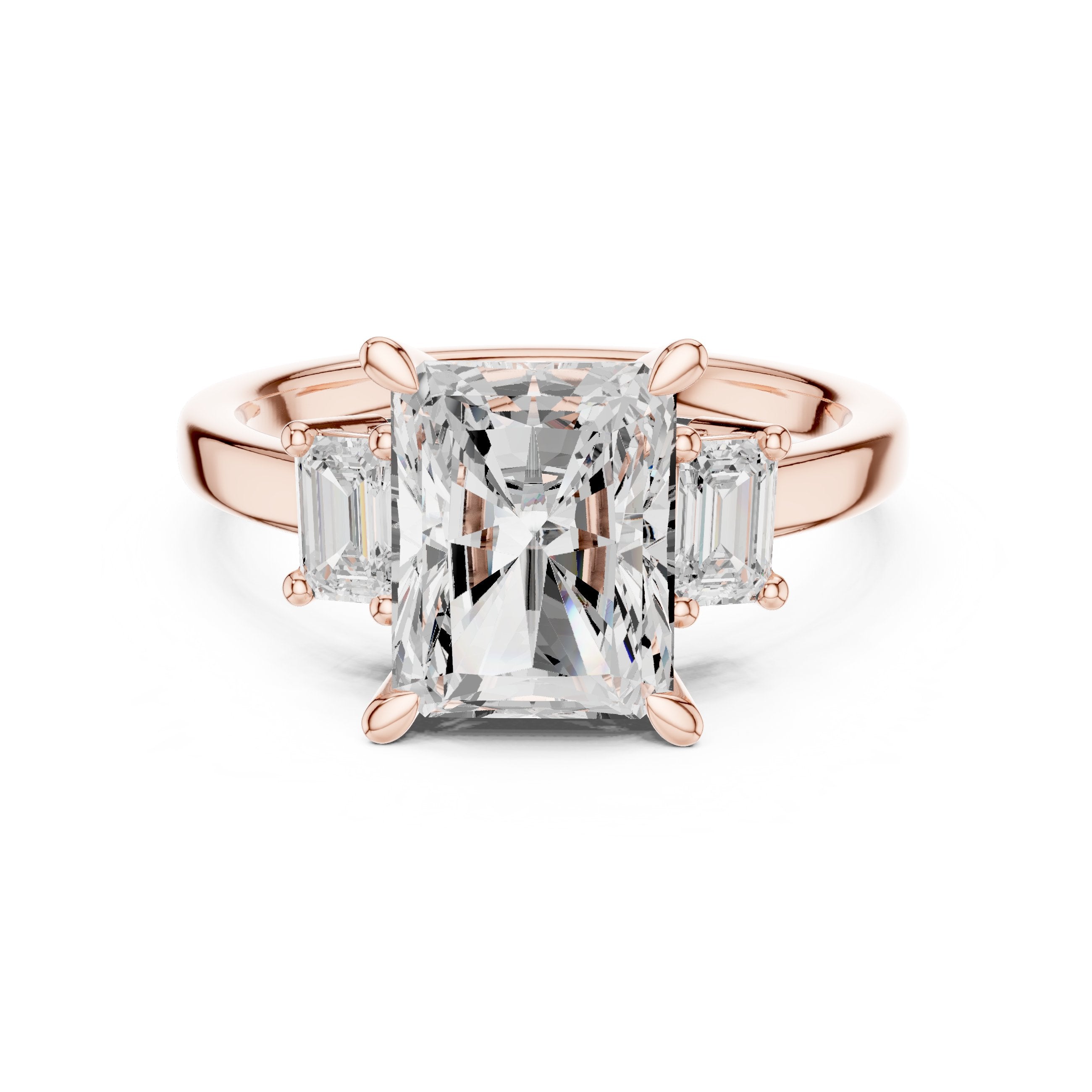 Radiant Cut Three Stone Engagement Ring with Emerald Cut Sides in Rose Gold - VYKA Diamonds