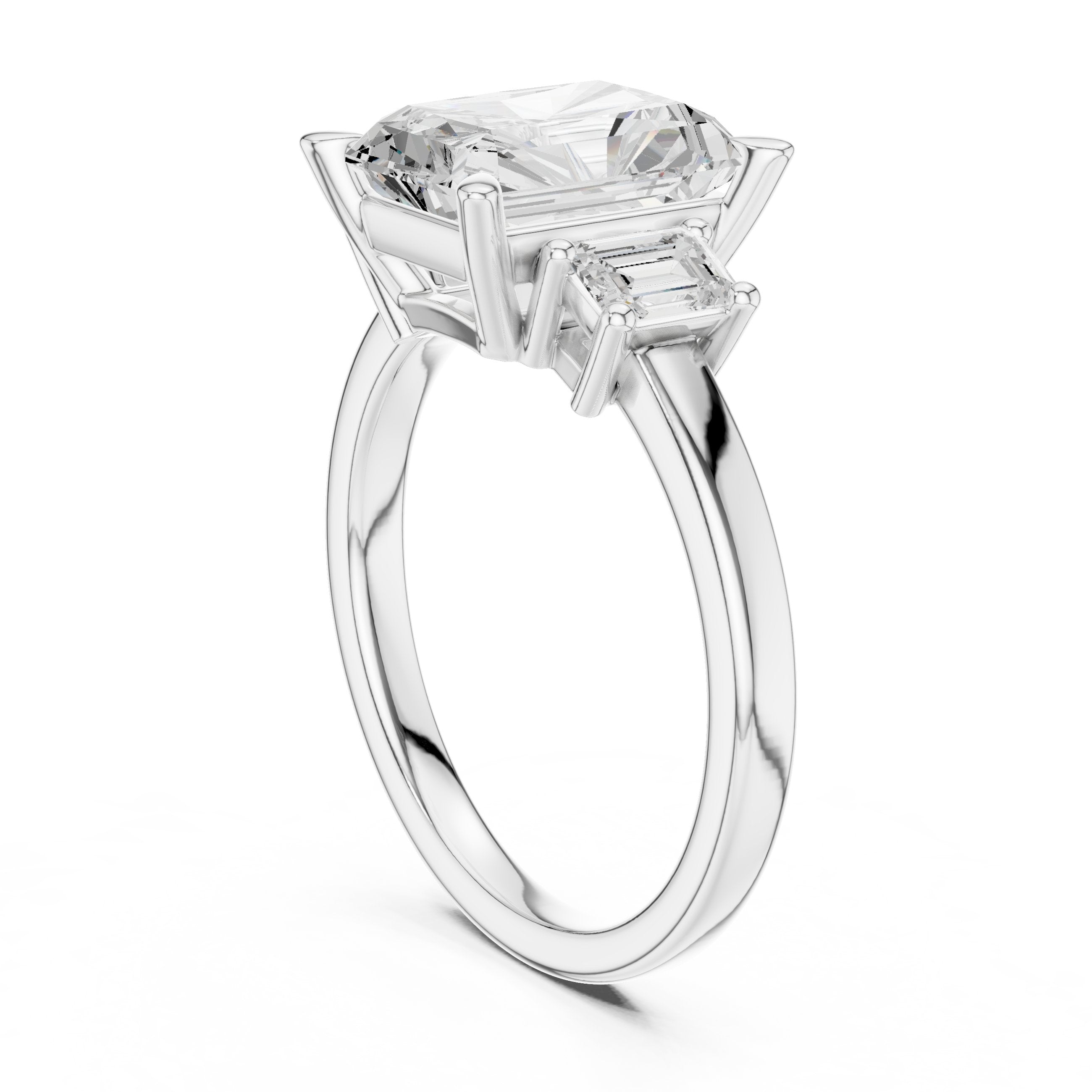 Radiant Cut Three Stone Engagement Ring with Emerald Cut Sides in White Gold - VYKA Diamonds