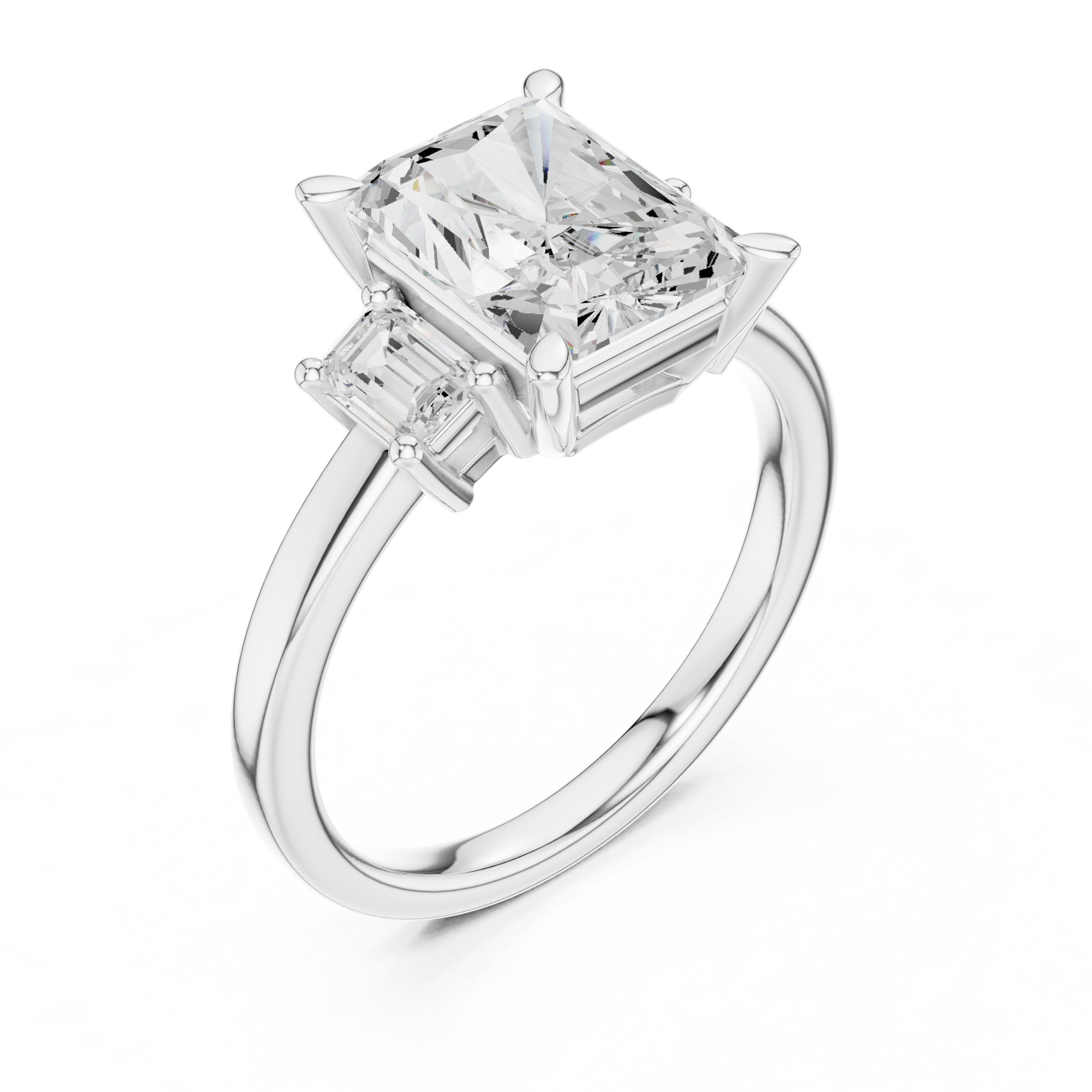 Radiant Cut Three Stone Engagement Ring with Emerald Cut Sides in White Gold - VYKA Diamonds