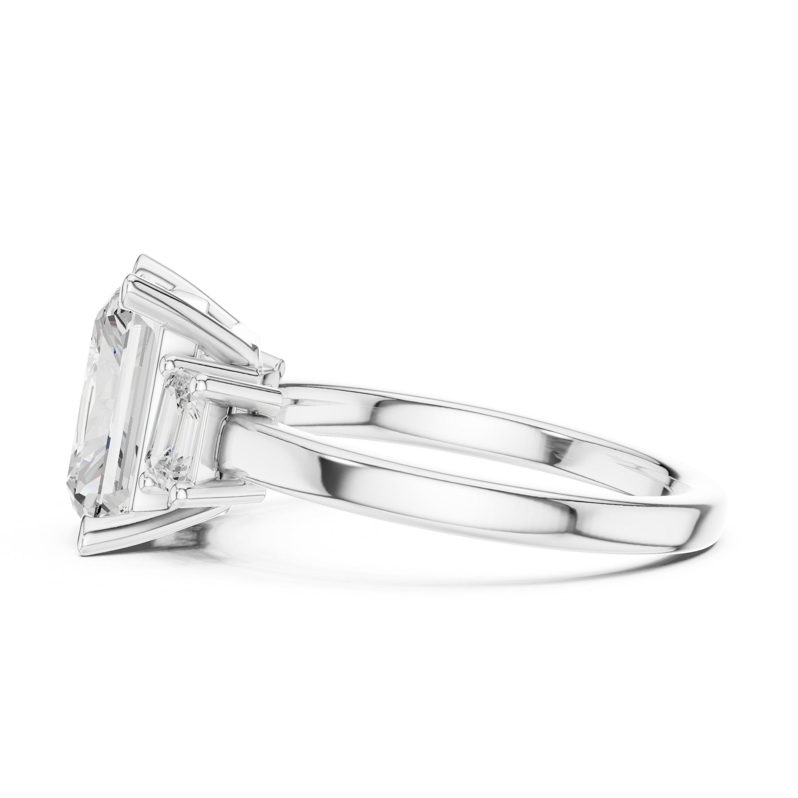 Radiant Cut Three Stone Engagement Ring with Emerald Cut Sides in White Gold - VYKA Diamonds