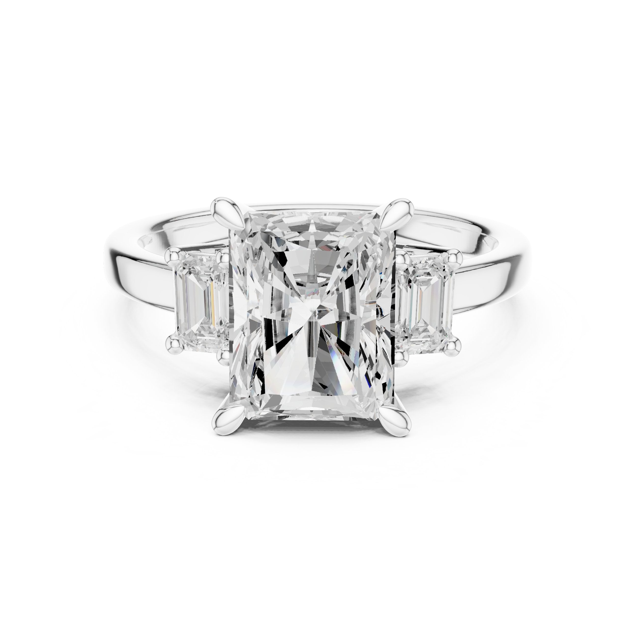 Radiant Cut Three Stone Engagement Ring with Emerald Cut Sides in White Gold - VYKA Diamonds