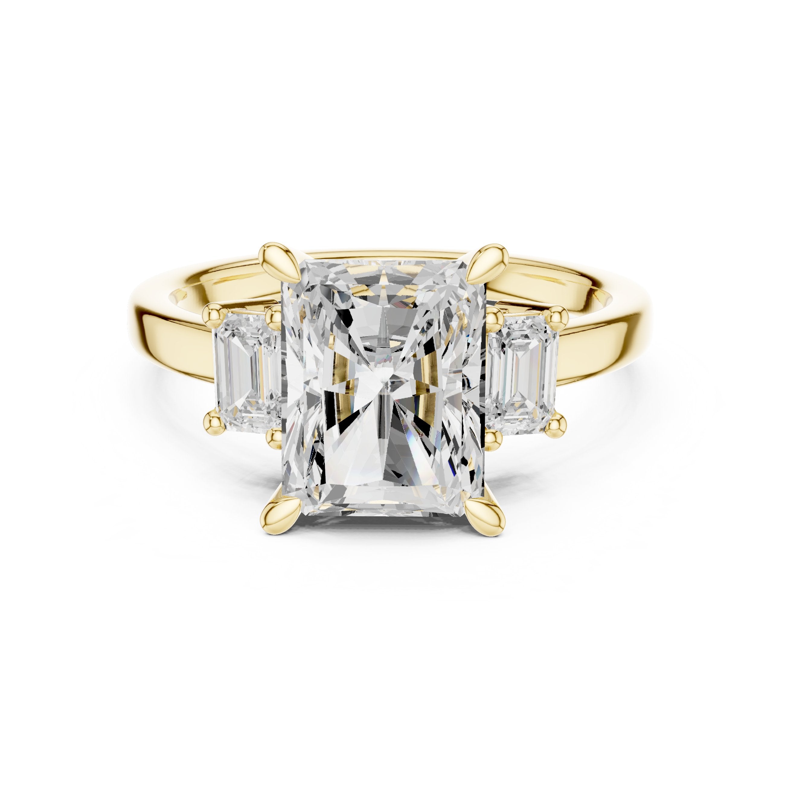 Radiant Cut Three Stone Engagement Ring with Emerald Cut Sides in Yellow Gold - VYKA Diamonds